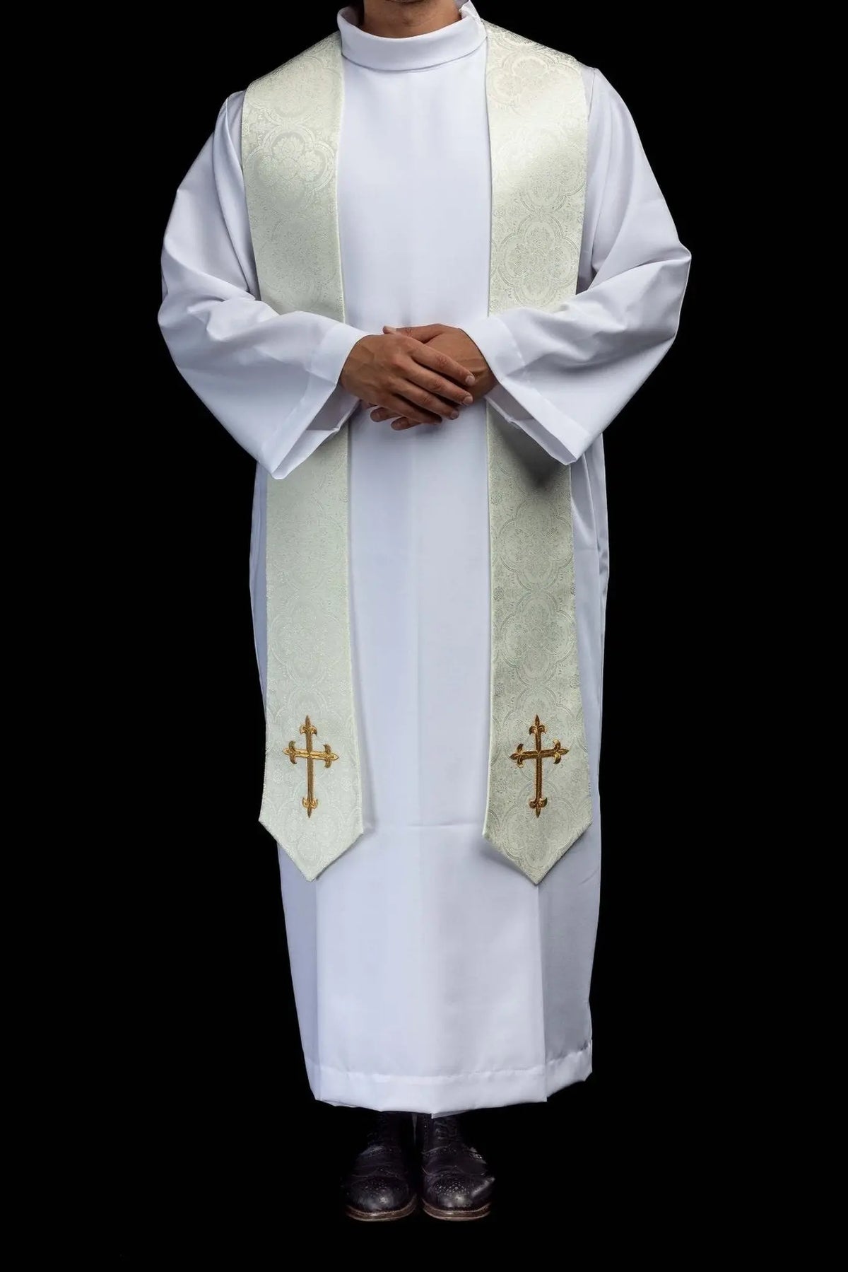 Ecru Priest Stole for Christmas and Easter with Gold Crosses, worn front view