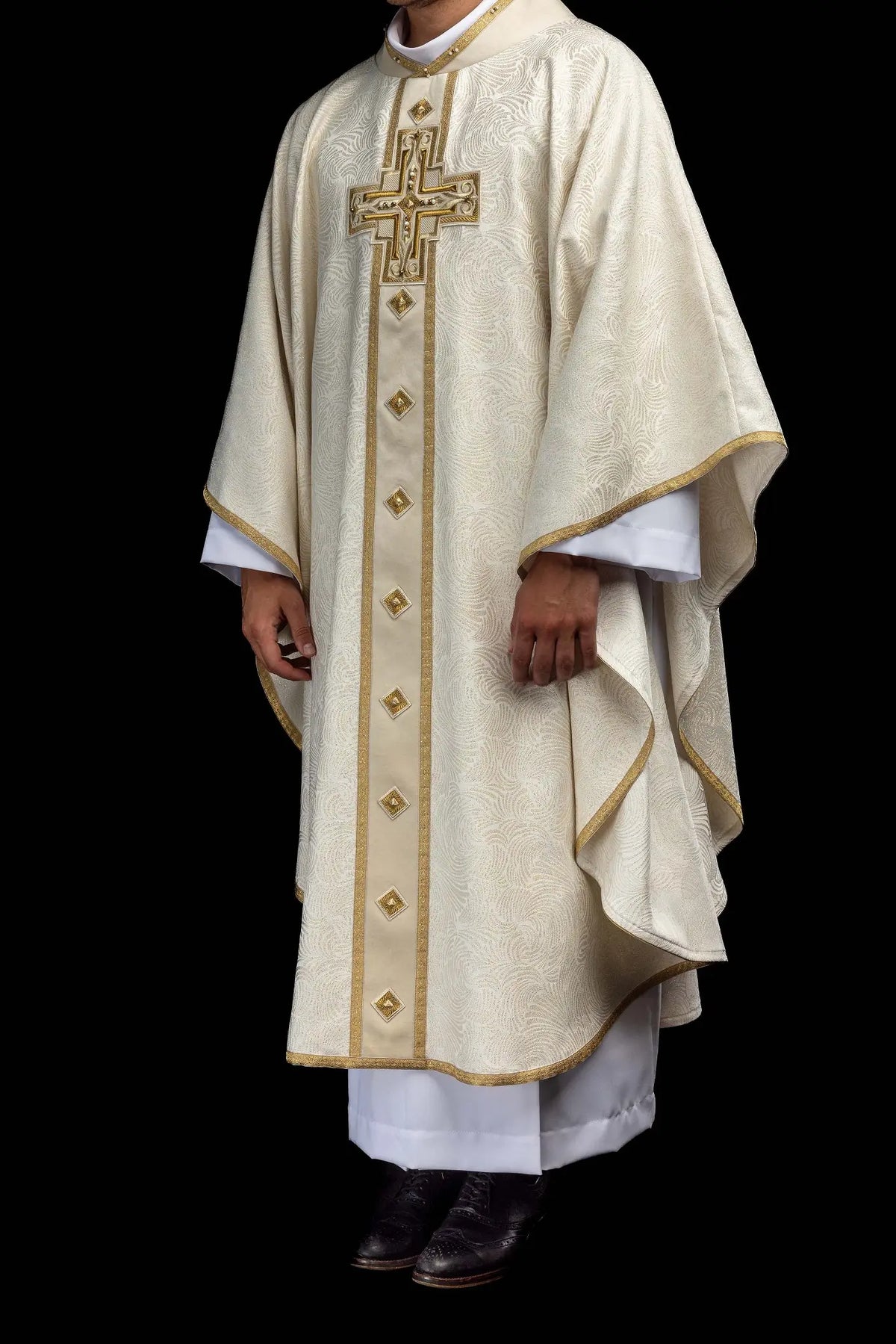 Ecru Handmade Chasuble for Easter with an Embroidered Cross, front view