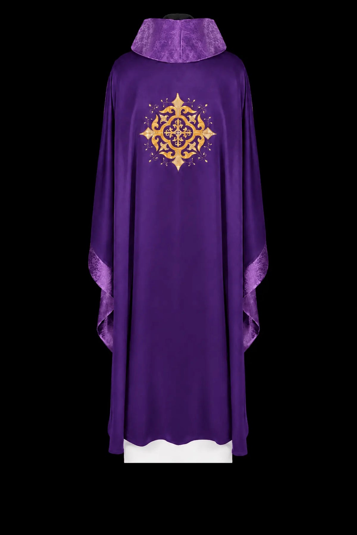 Purple chasuble with an embroidered cross, back view