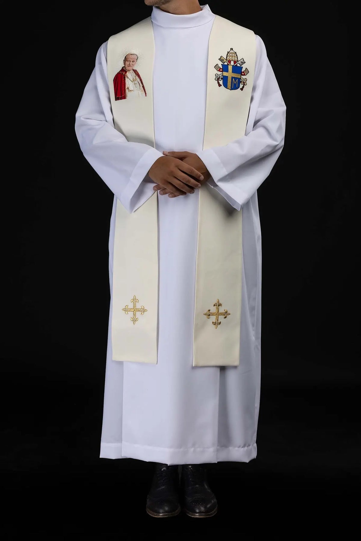 Ecru Stole with an Embroidered Image of John Paul II, front view with gold crosses