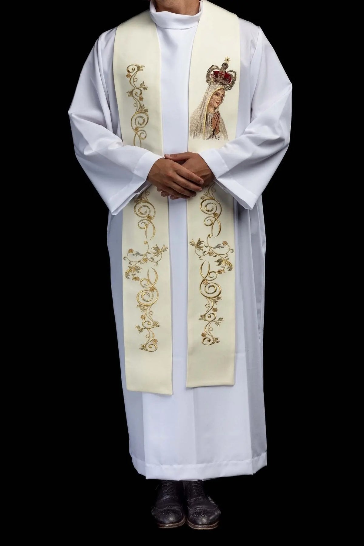 Ecru stole with Our Lady of Fatima and floral scrolls, worn front view