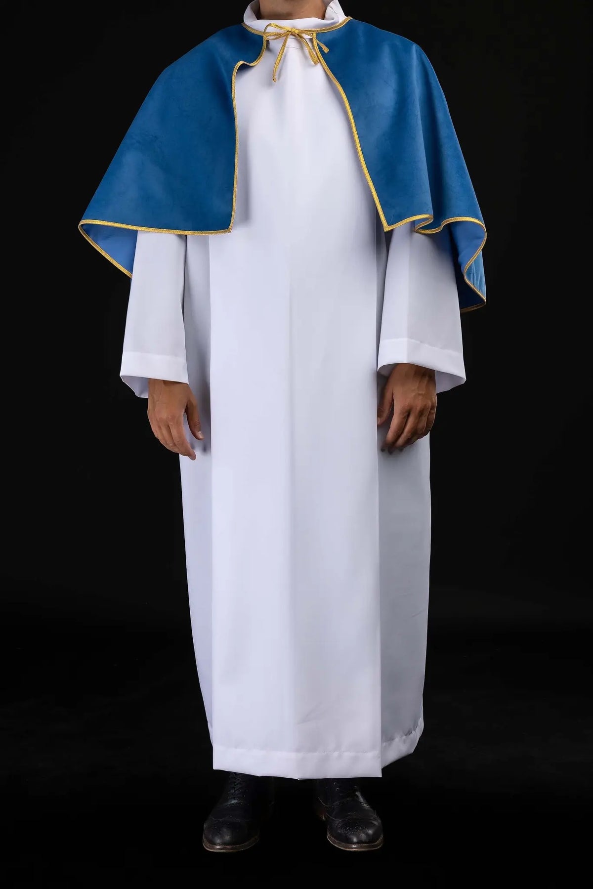Blue altar server cape with gold trim, front worn view