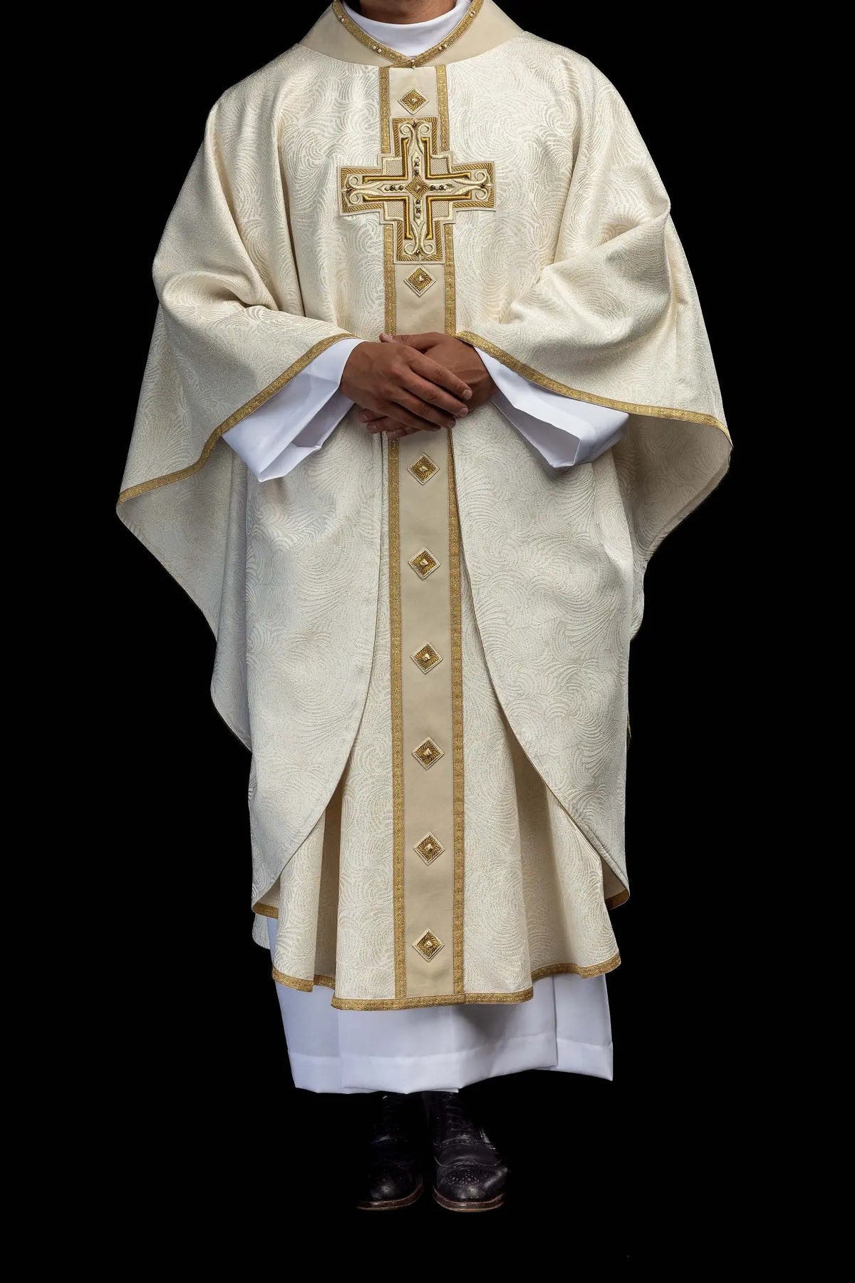 Ecru handmade chasuble for Easter with embroidered cross, full front view