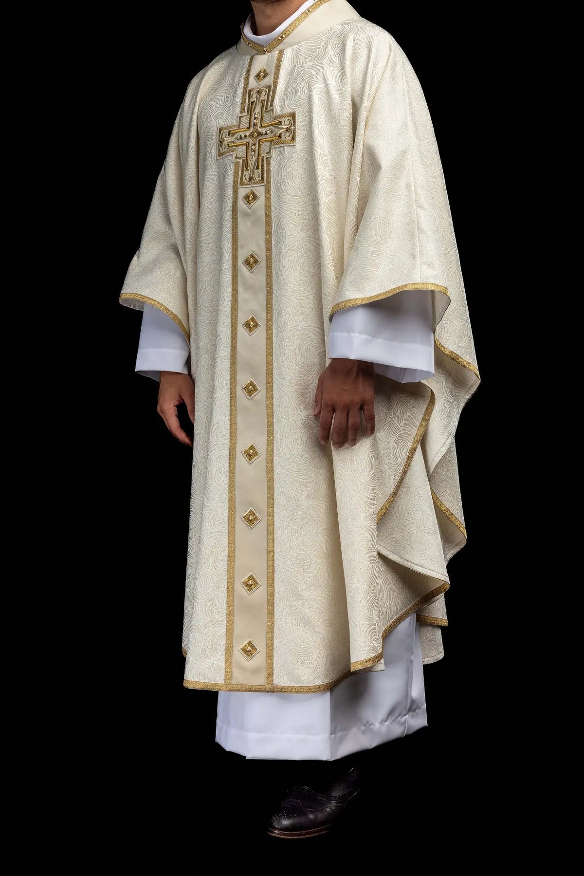 Ecru handmade chasuble for Easter with embroidered cross, side view