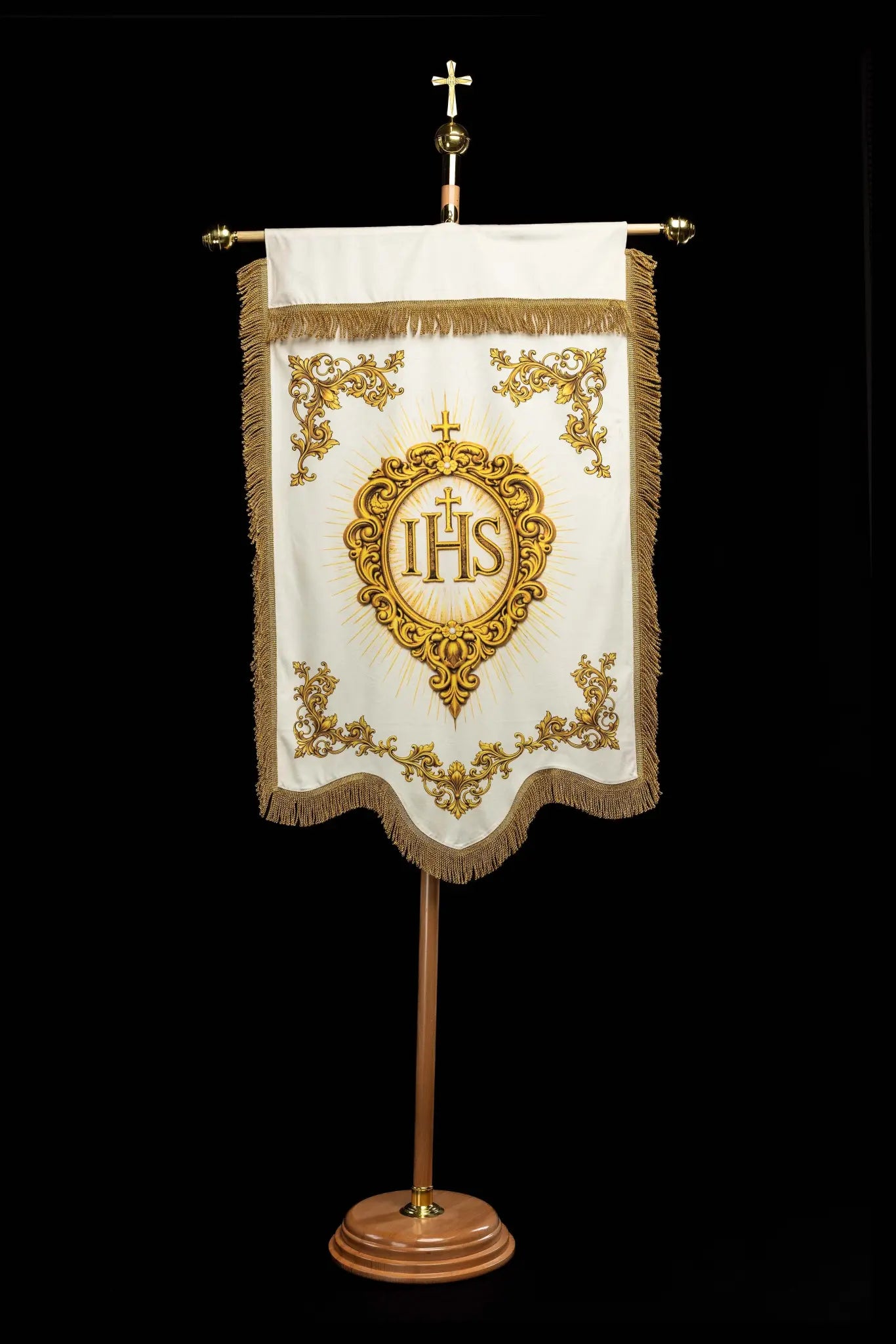 Double-sided printed processional banner featuring the Sacred Heart of Jesus on one side and the IHS symbol on the other, with gold ornamentation.