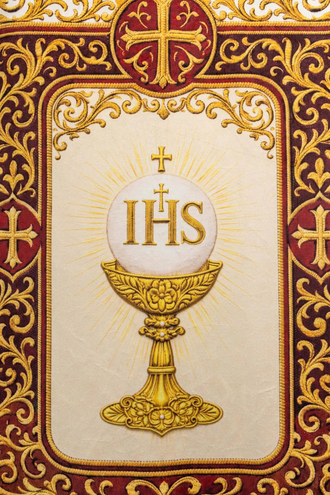Double-sided printed processional banner featuring the Sacred Heart of Jesus on one side and an IHS chalice with host on the other, with gold ornaments and burgundy accents.