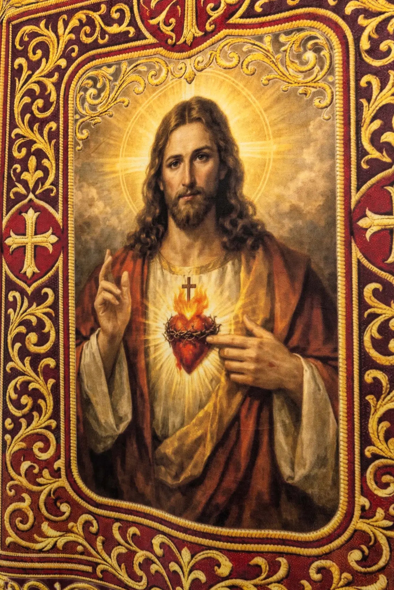 Double-sided printed processional banner featuring the Sacred Heart of Jesus on one side and an IHS chalice with host on the other, with gold ornaments and burgundy accents.