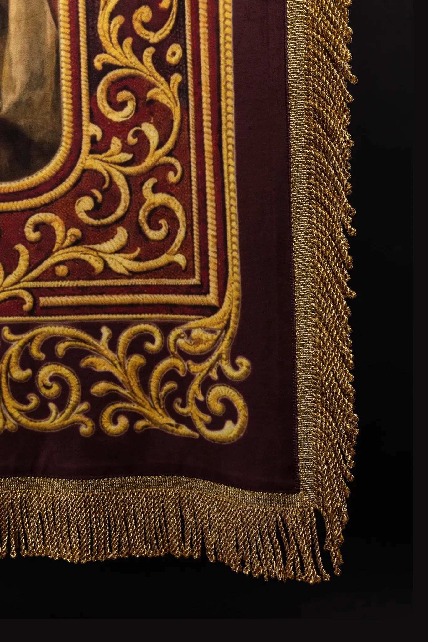 Double-sided printed processional banner featuring the Sacred Heart of Jesus on one side and an IHS chalice with host on the other, with gold ornaments and burgundy accents.