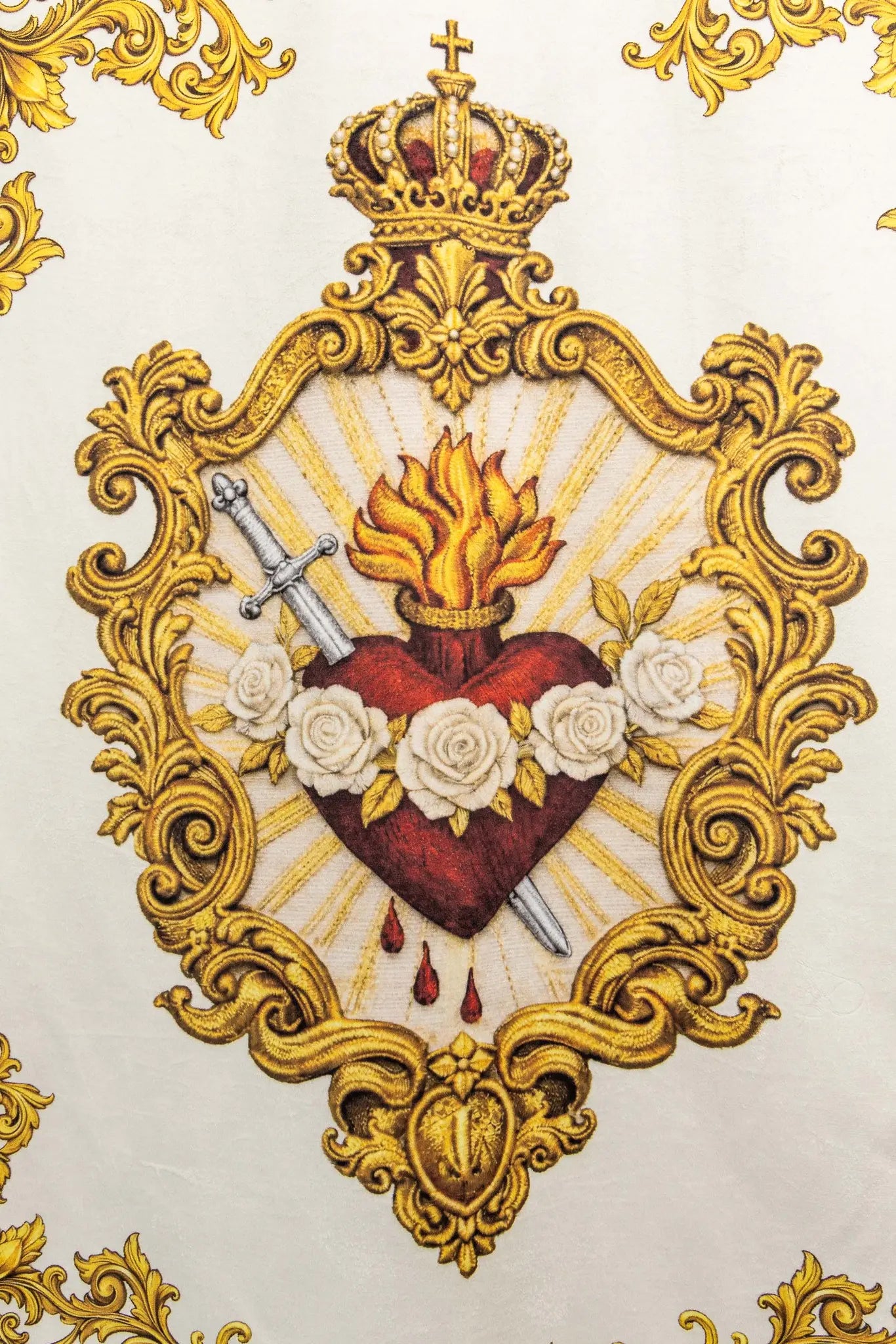 Double-sided printed Marian banner featuring the Immaculate Heart of Mary on one side and a Marian monogram 'M' on the other, with gold ornamentation and crowns.