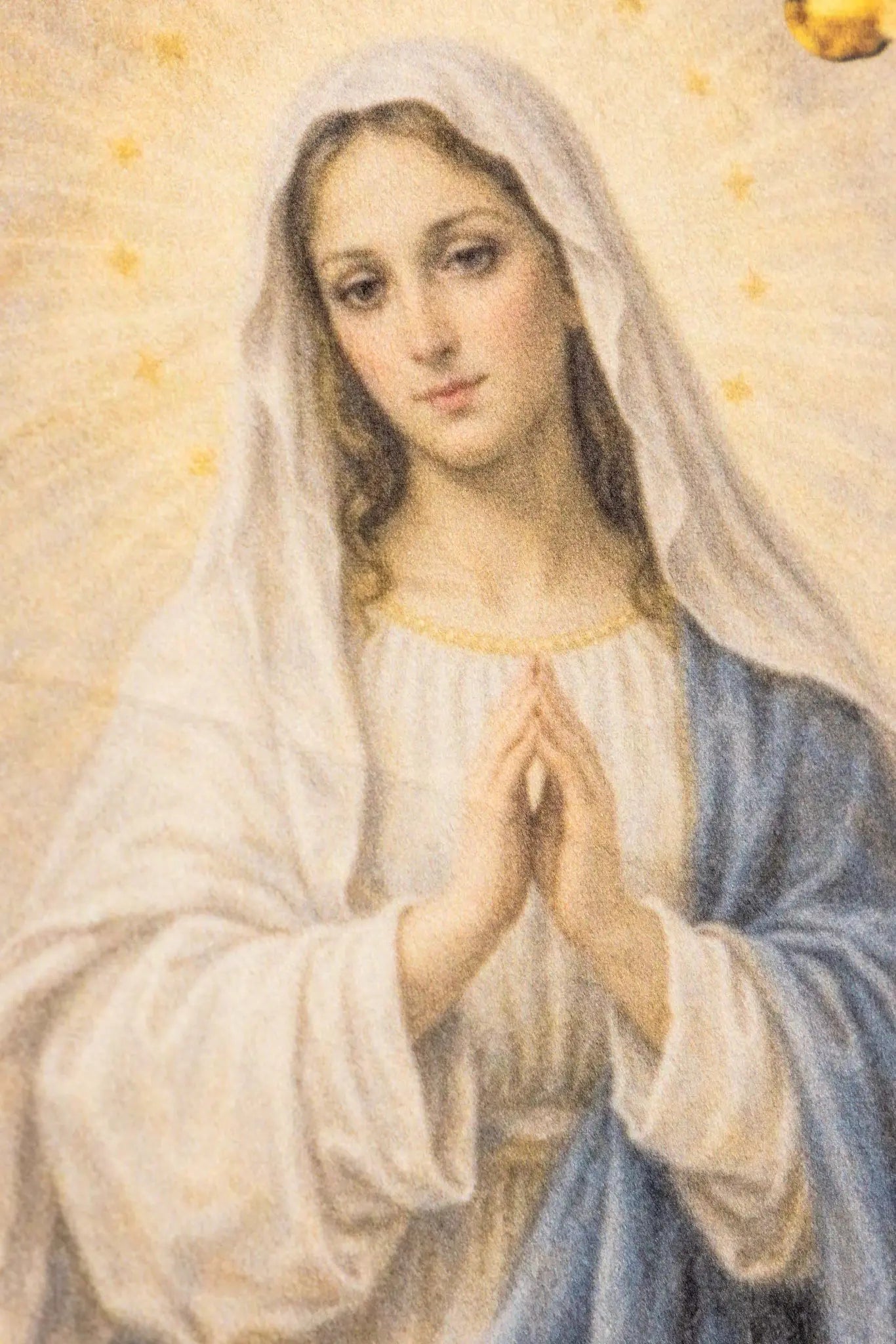 Double-sided blue processional banner with an image of Our Lady of the Immaculate Conception on one side and a Marian monogram on the other, both surrounded by gold floral ornamentation and finished with gold fringes.