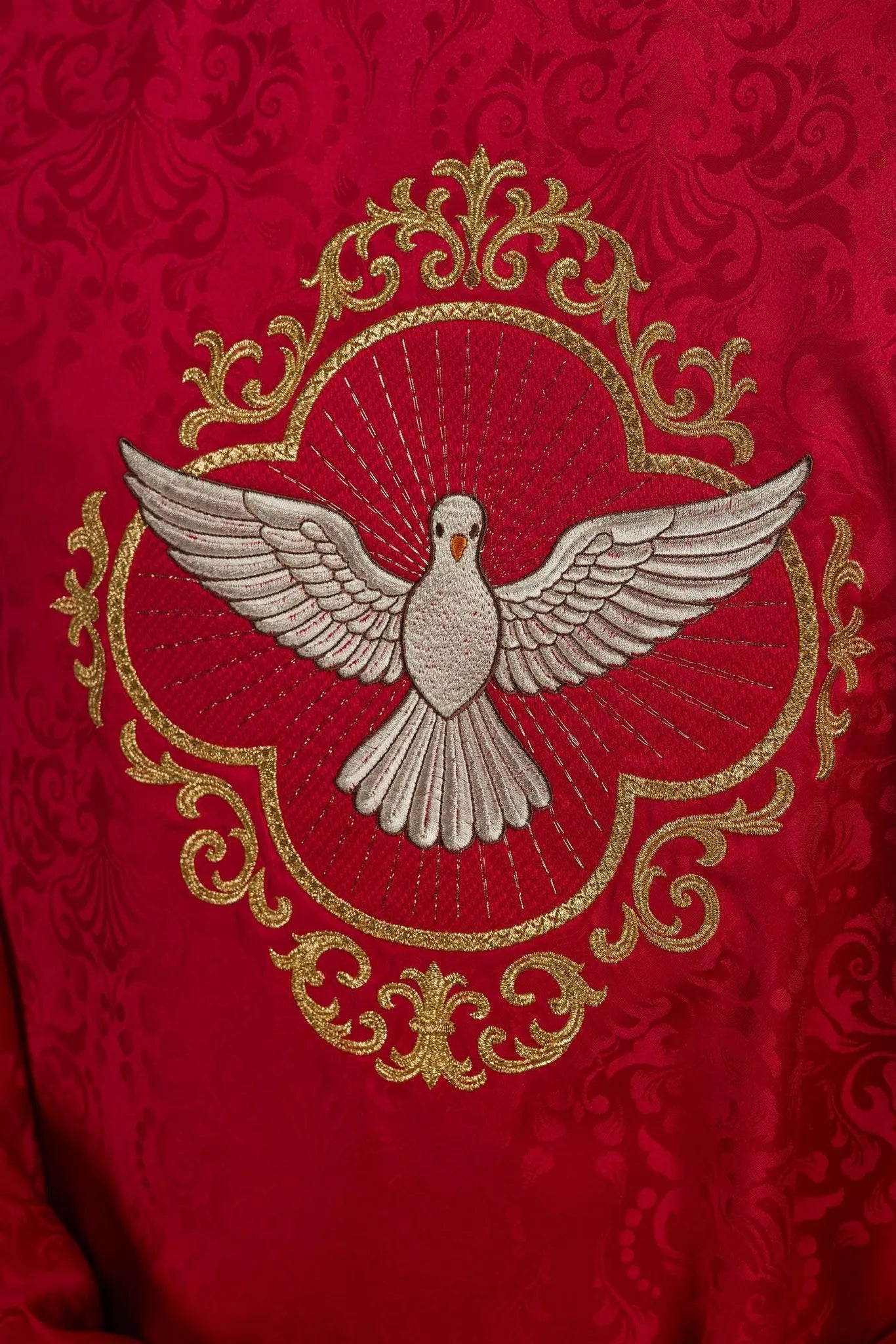 Embroidered liturgical chasuble with the Holy Spirit on jacquard fabric