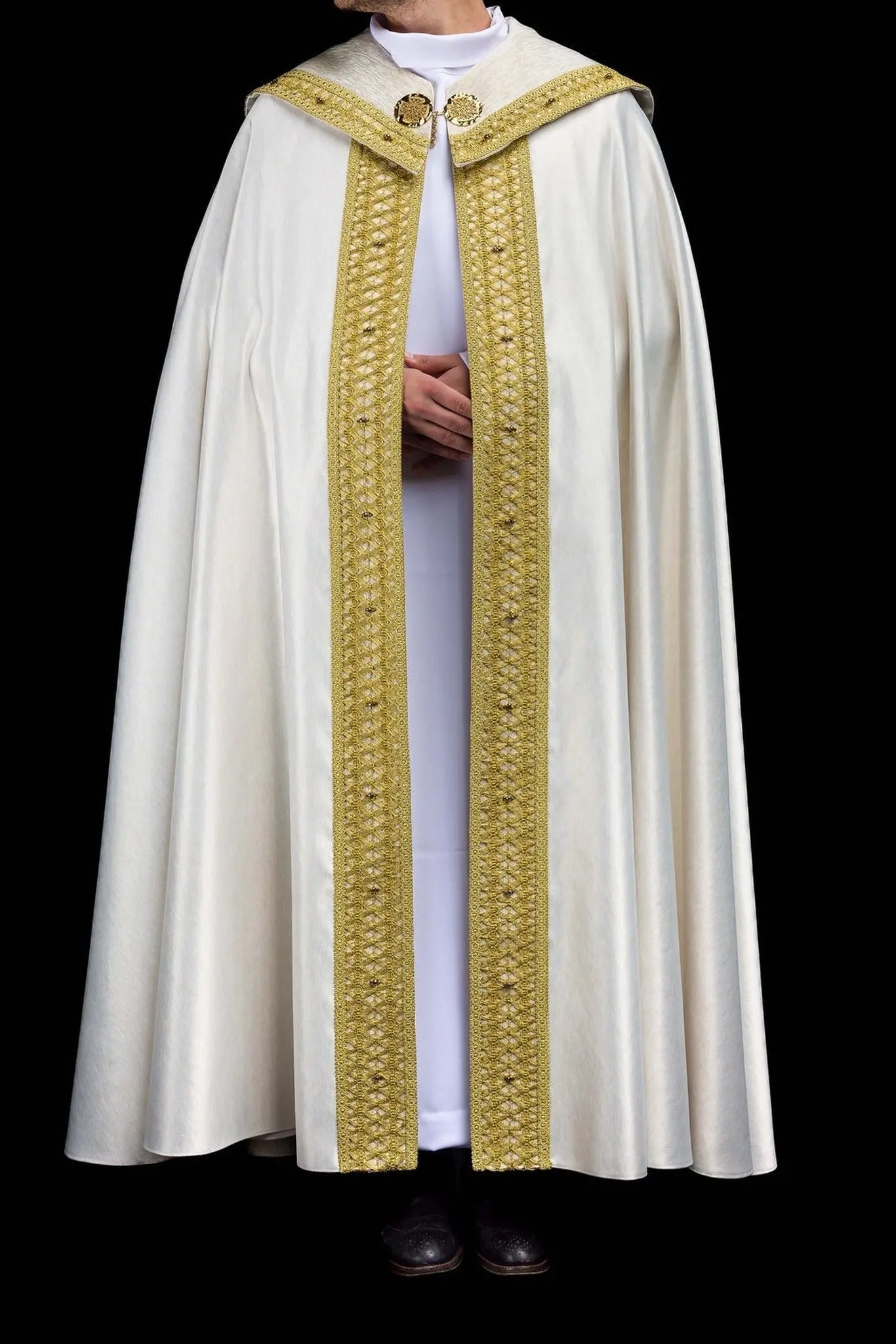 Handmade Ecru Cope with Gold Trims and Cross