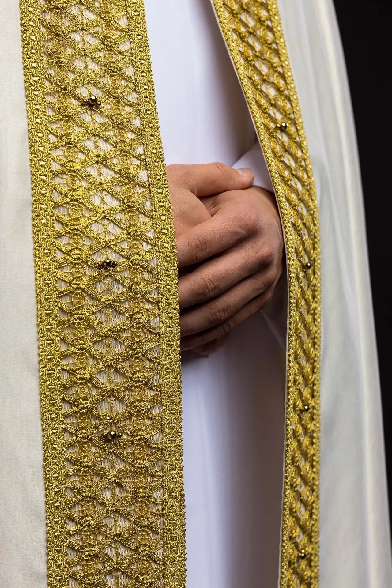 Handmade Ecru Cope with Gold Trims and Cross