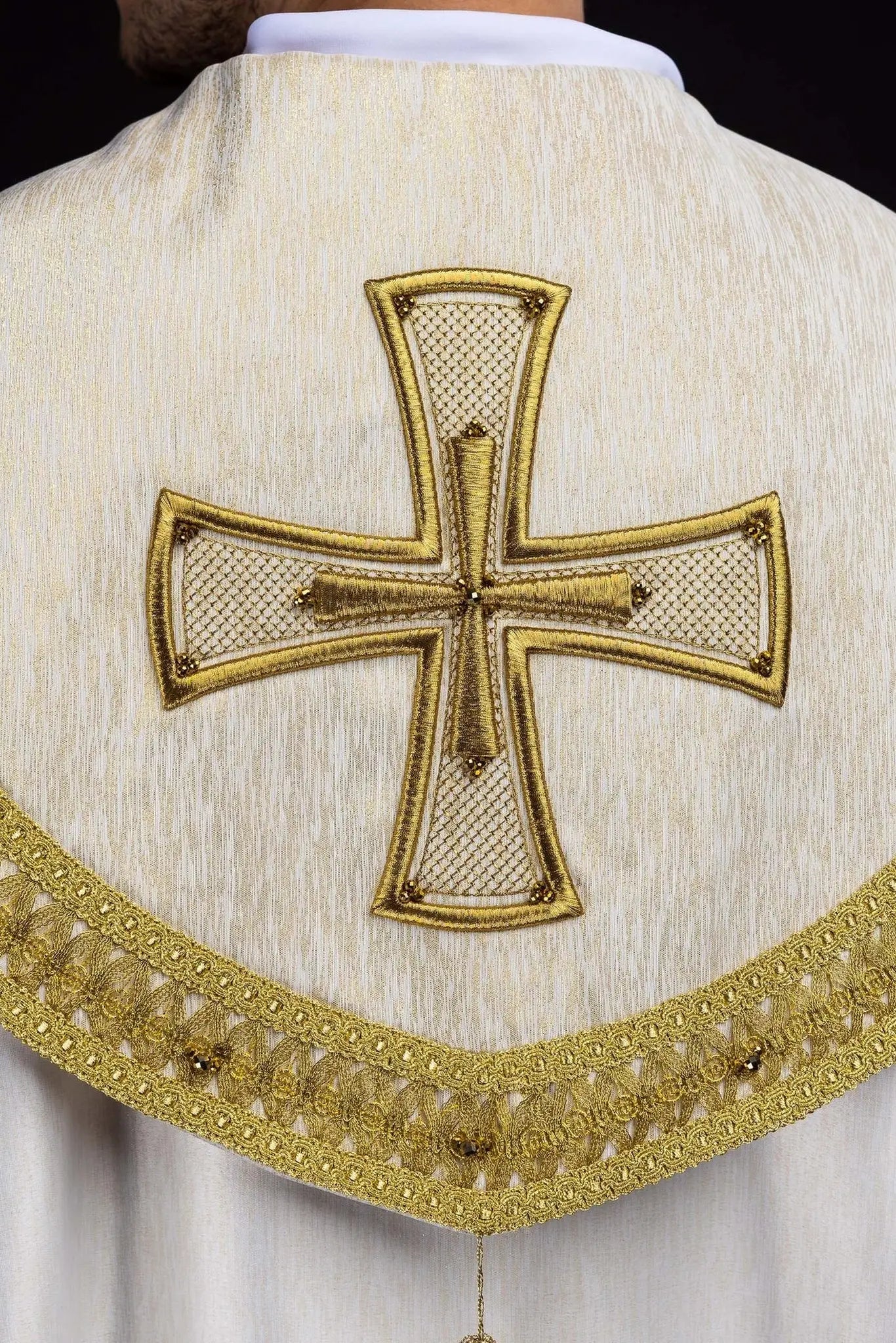 Handmade Ecru Cope with Gold Trims and Cross