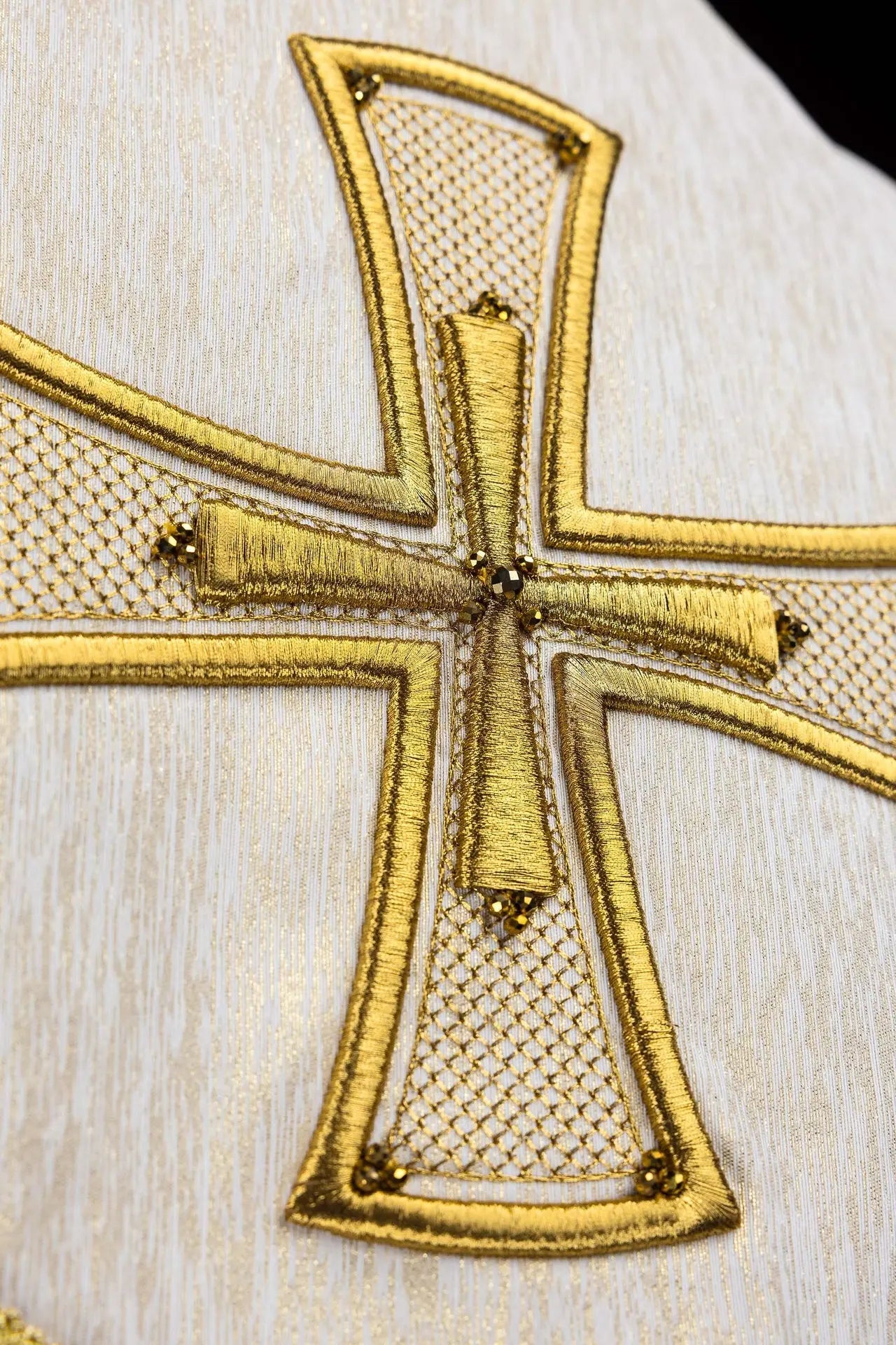 Handmade Ecru Cope with Gold Trims and Cross