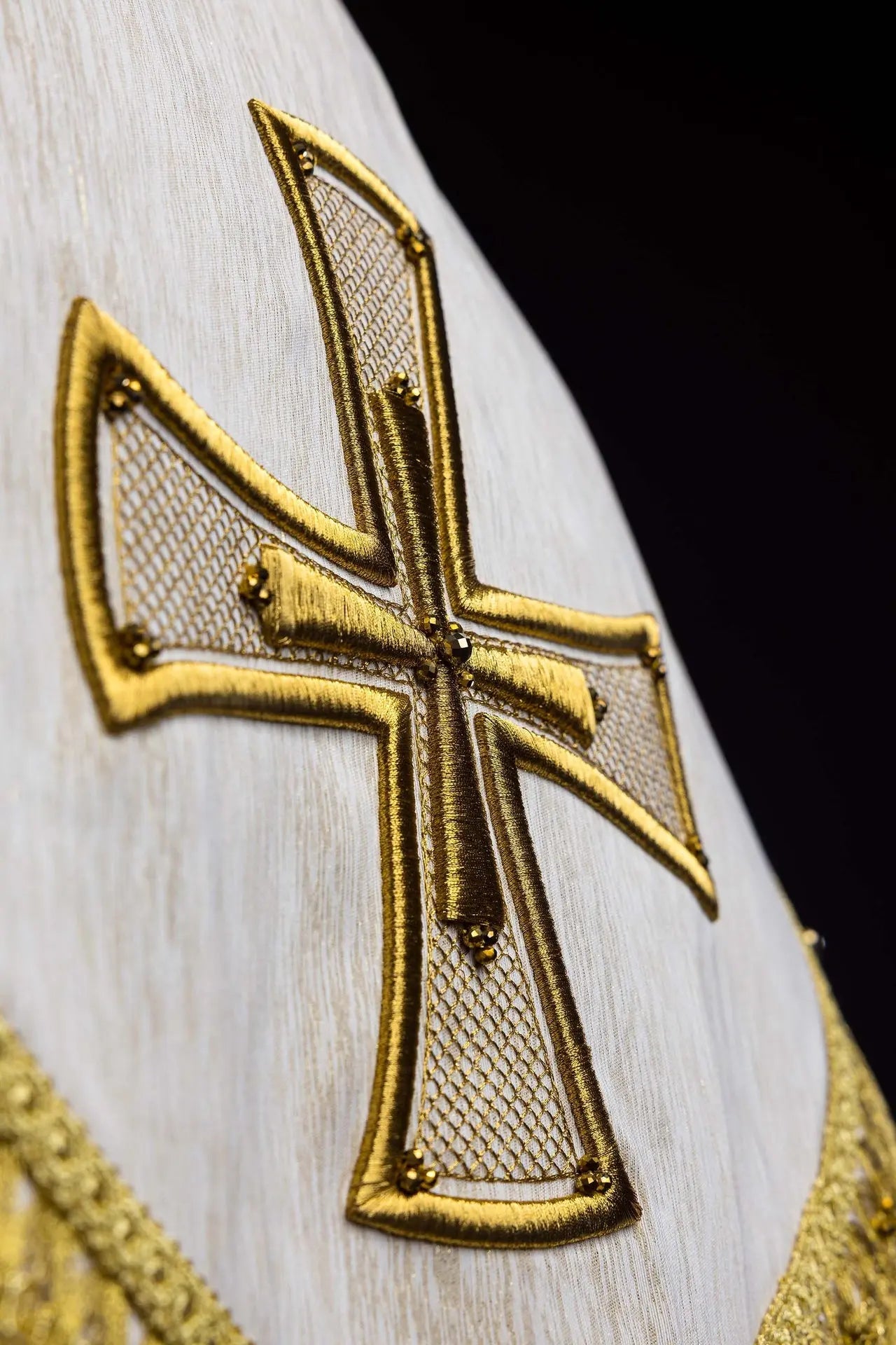 Handmade Ecru Cope with Gold Trims and Cross