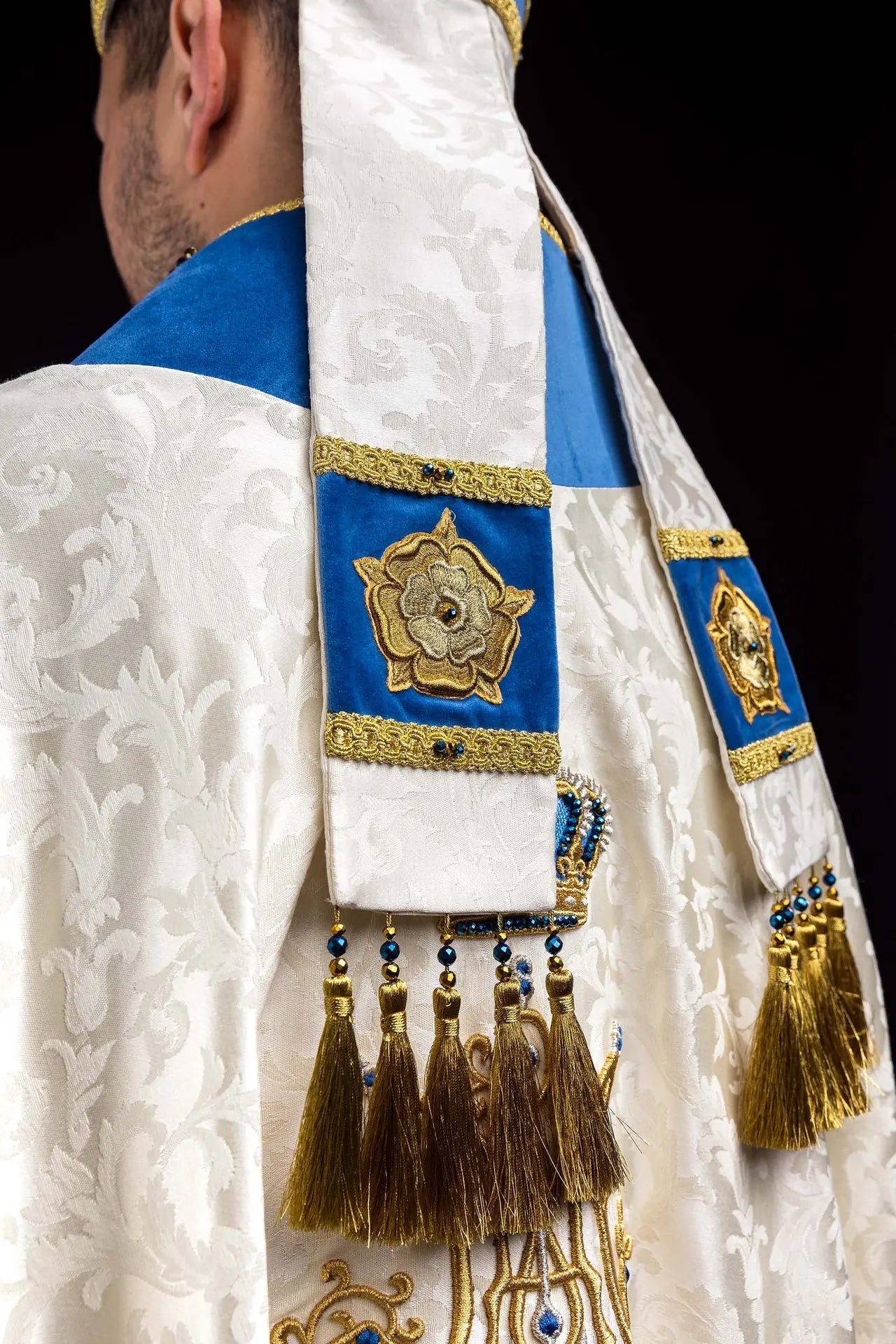 Handmade Marian Bishop’s Mitre in Ecru and Blue with Natural Stones
