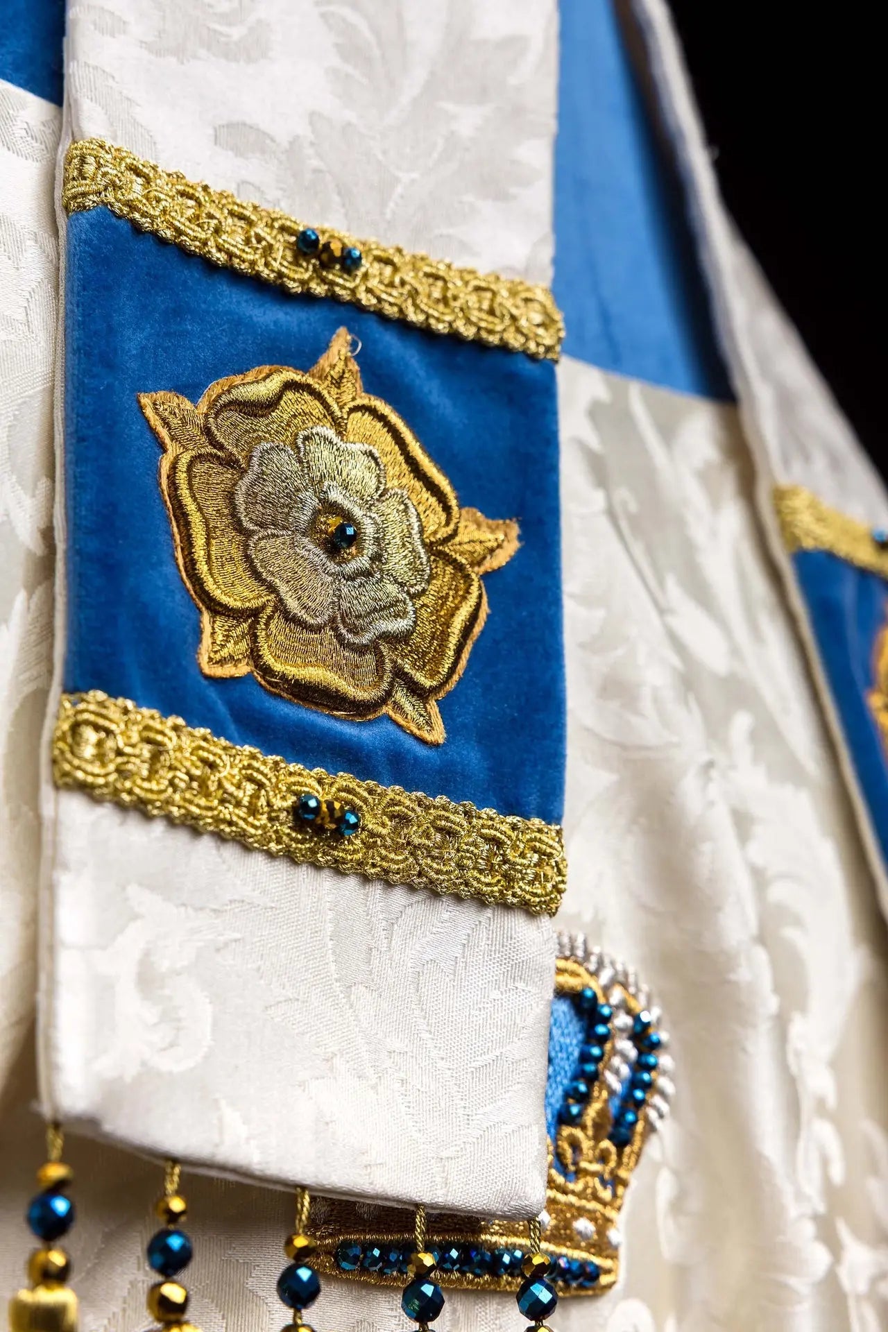 Handmade Marian Bishop’s Mitre in Ecru and Blue with Natural Stones