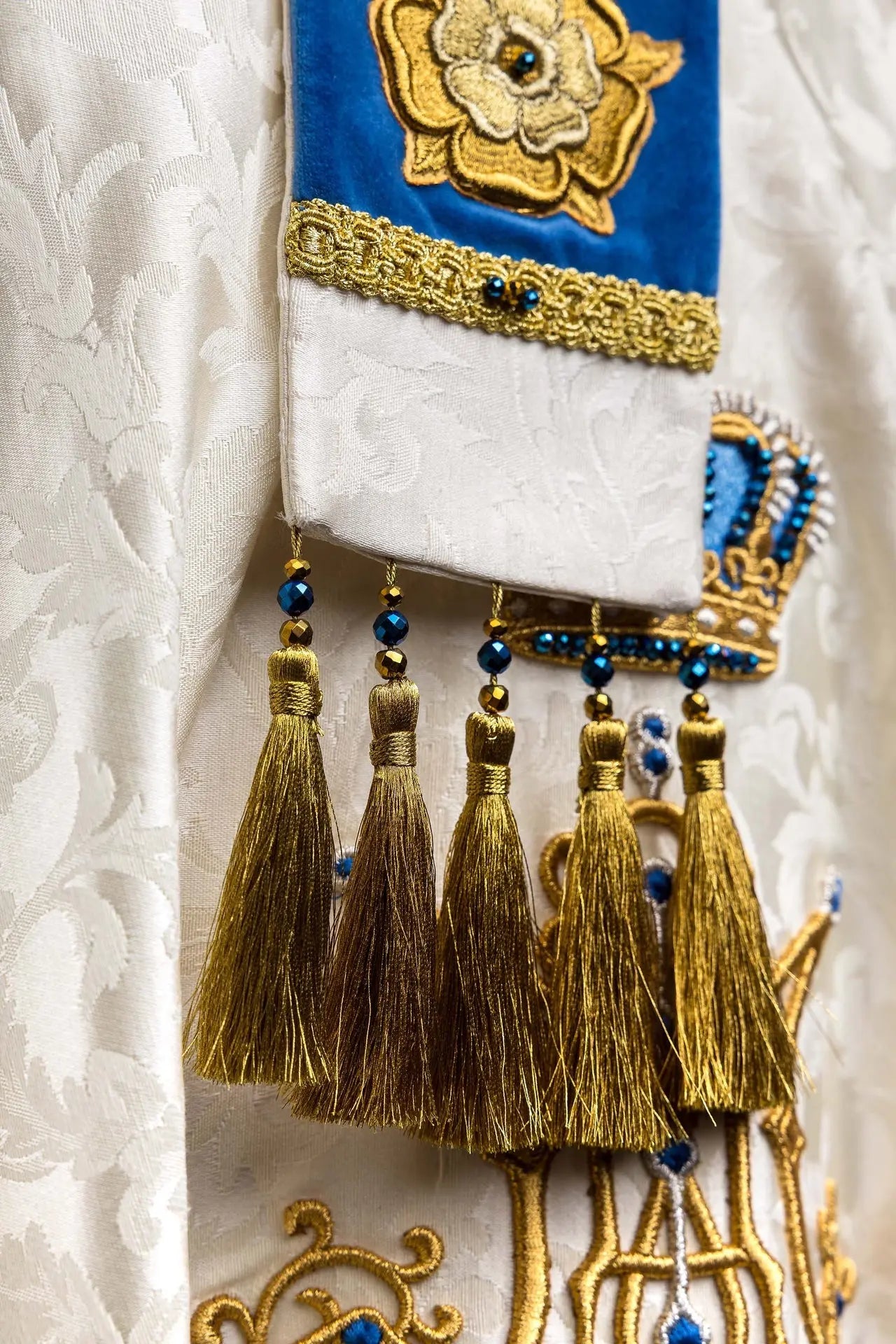 Handmade Marian Bishop’s Mitre in Ecru and Blue with Natural Stones