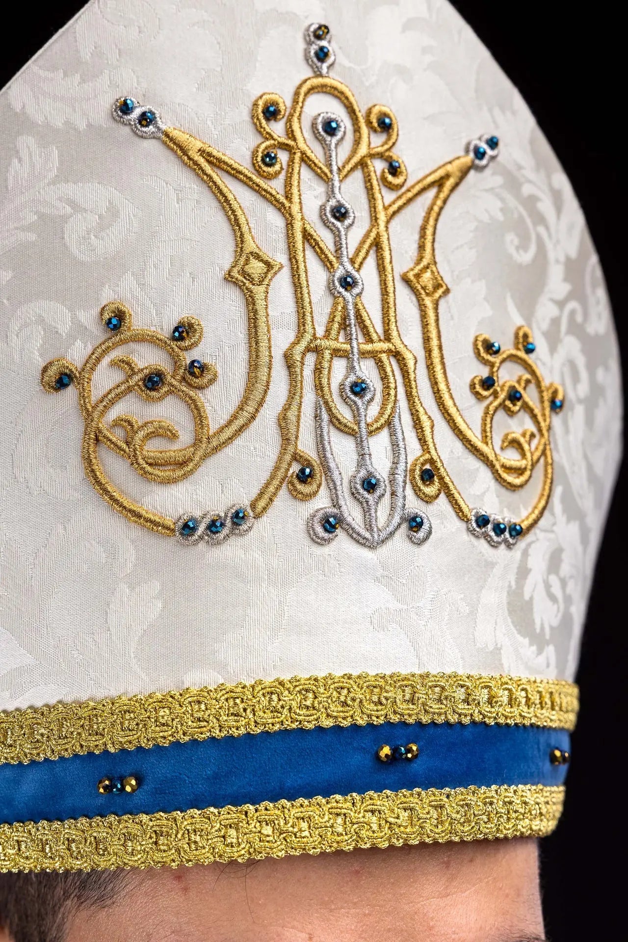 Handmade Marian Bishop’s Mitre in Ecru and Blue with Natural Stones