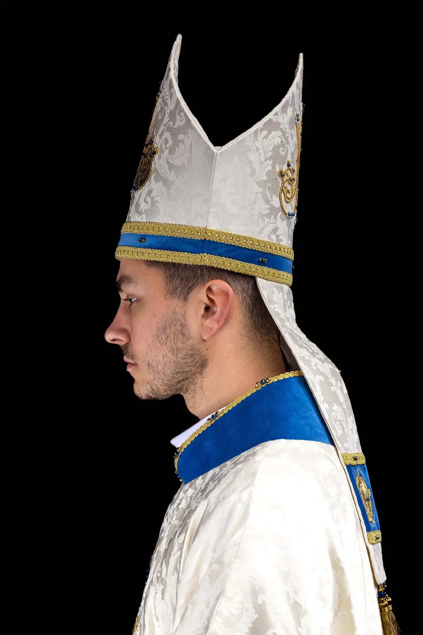 Handmade Marian Bishop’s Mitre in Ecru and Blue with Natural Stones