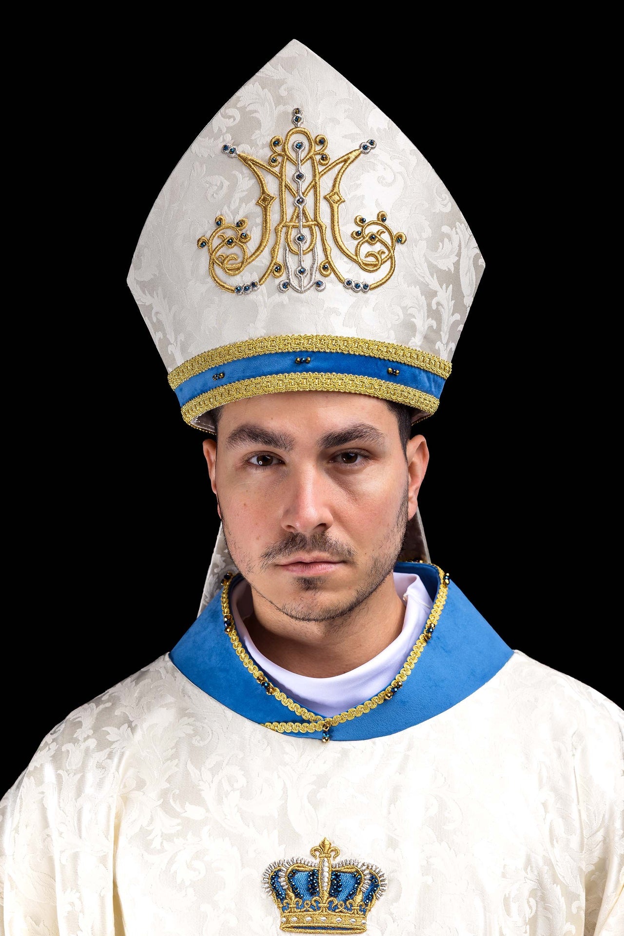 Ręcznie wykonana mitra maryjna z naturalnymi kamieniami Handmade 9006 - ORNATY.PL