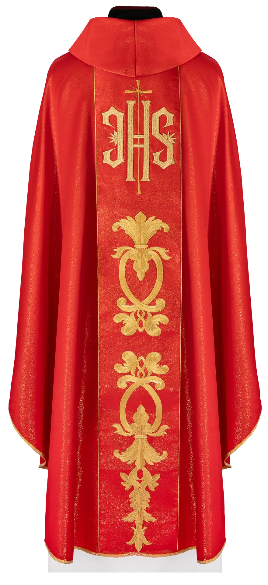 Red chasuble richly decorated with a gold motif and a wide IHS band
