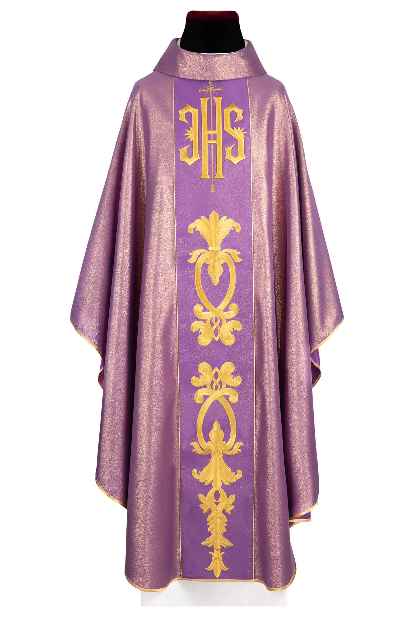 Richly decorated purple chasuble with a gold motif and a wide IHS sash