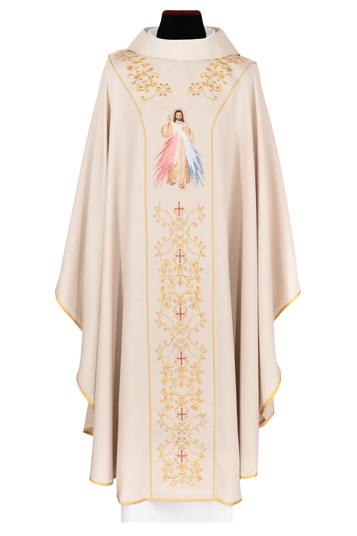 Ecru chasuble embroidered with the image of Divine Mercy Jesus