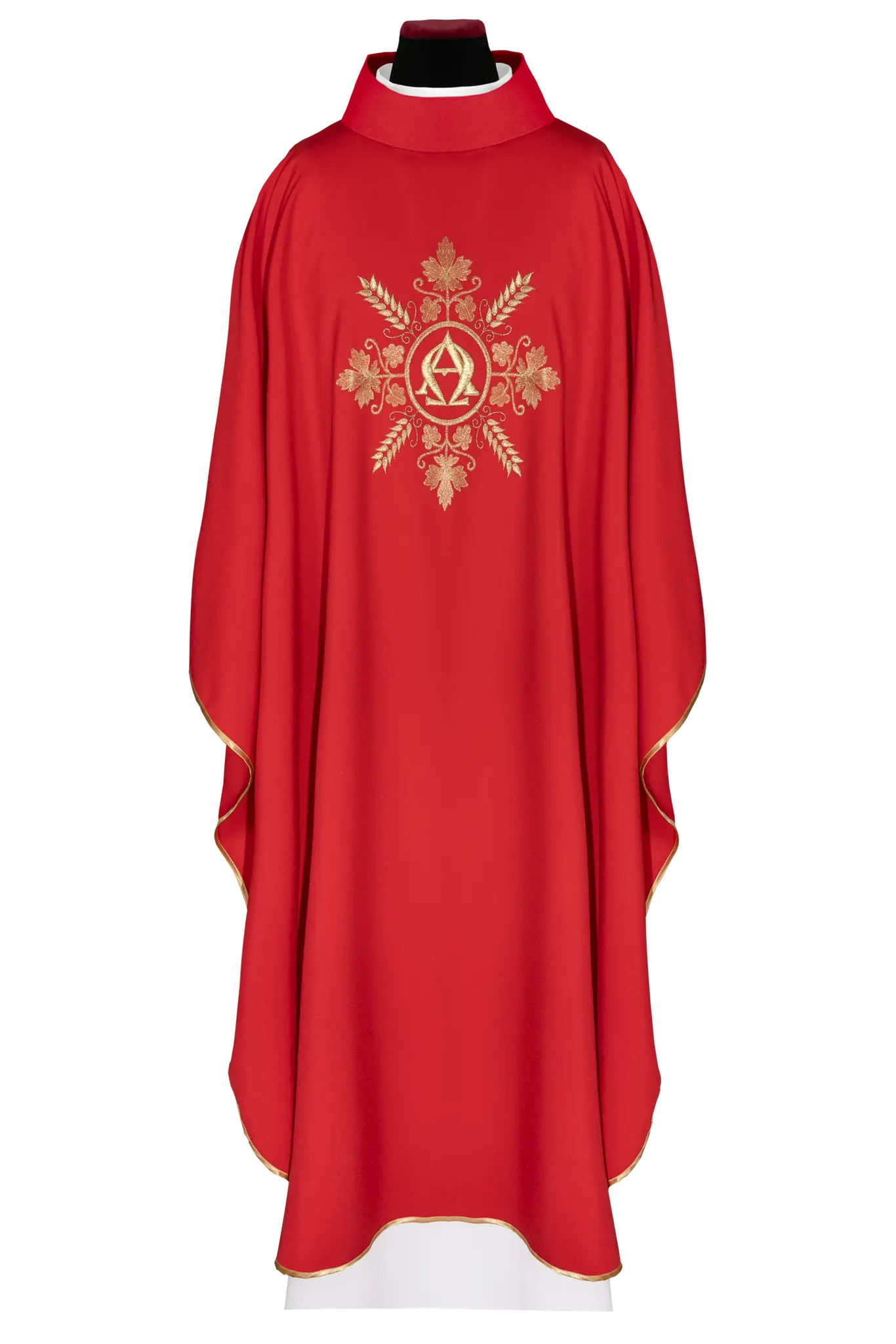 Red chasuble embroidered with the Alpha and Omega symbols and ears of whea