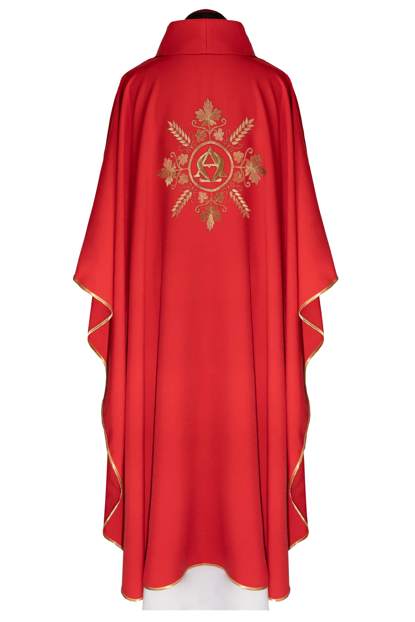 Red chasuble embroidered with the Alpha and Omega symbols and ears of whea