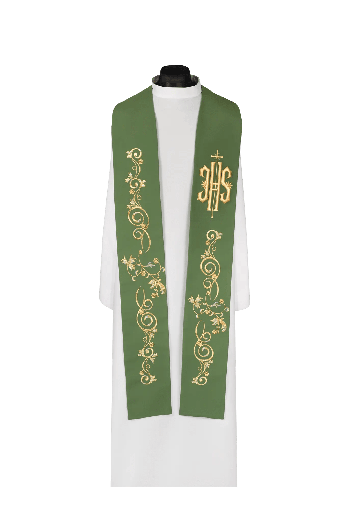 Étole de prêtre brodée avec symbole IHS verte