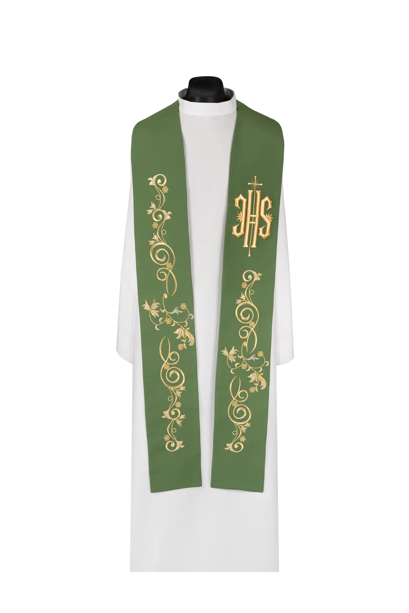 Embroidered priest stole with IHS symbol green
