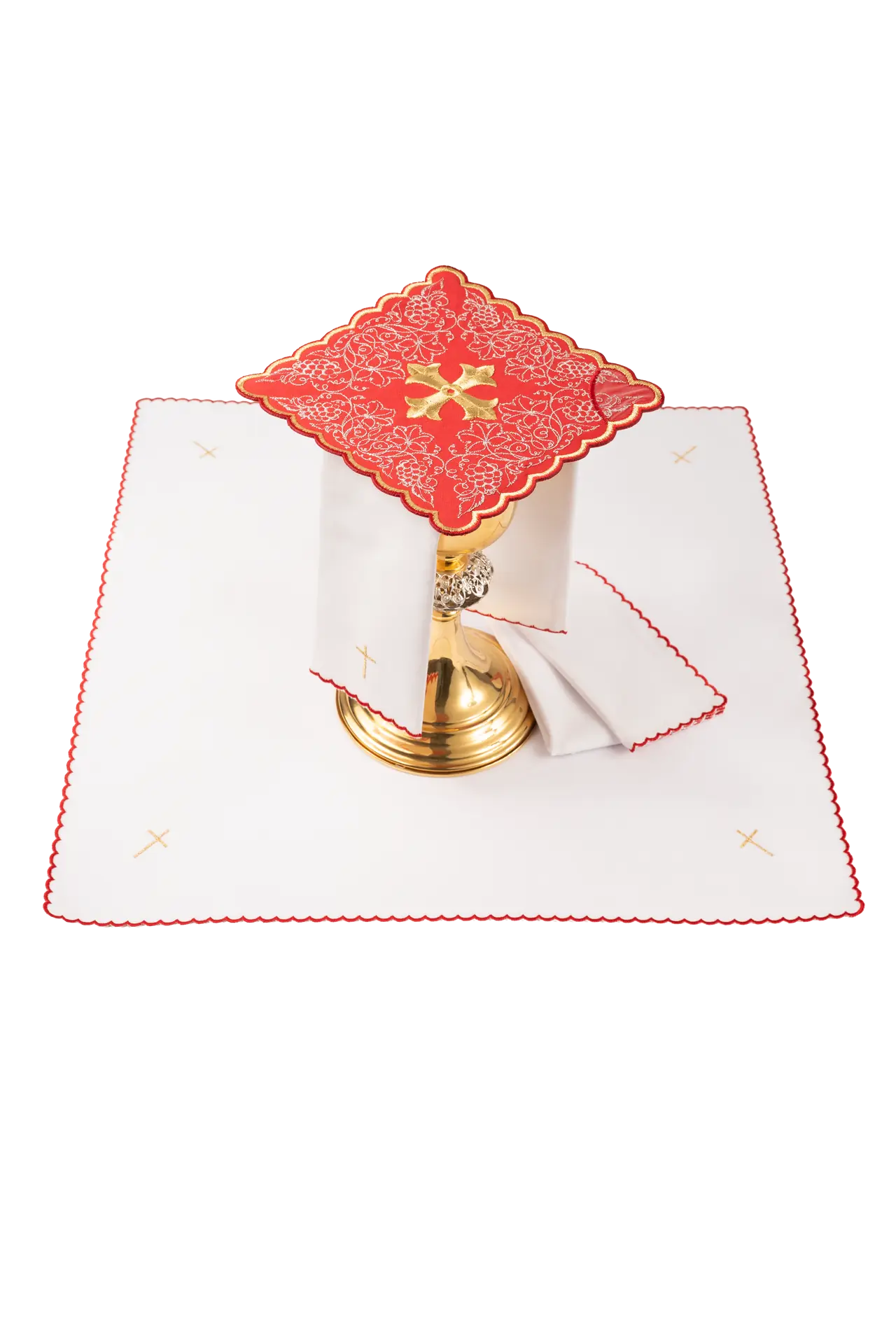 Red embroidered chalice linens set with cross motif
