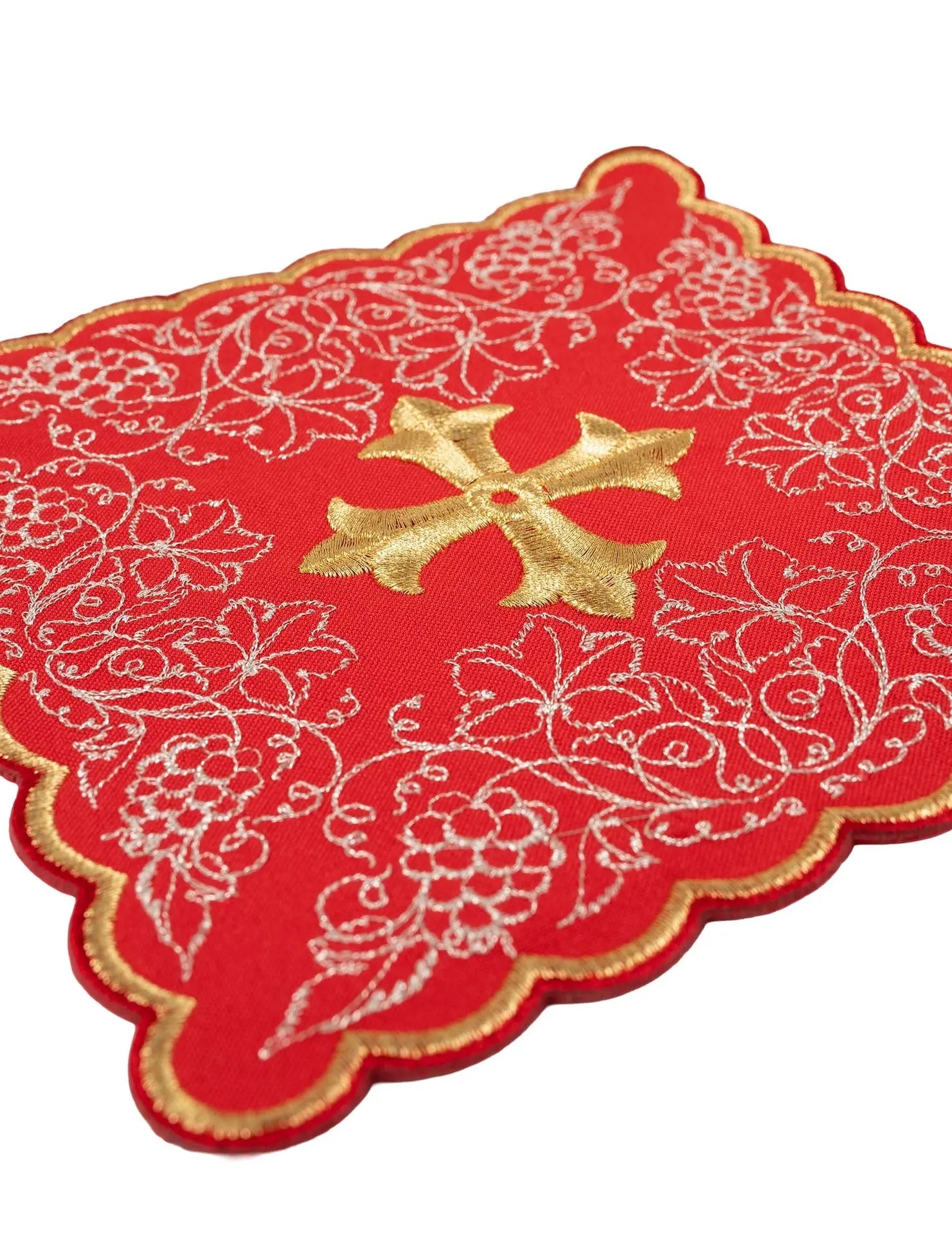 Red embroidered chalice linens set with cross motif