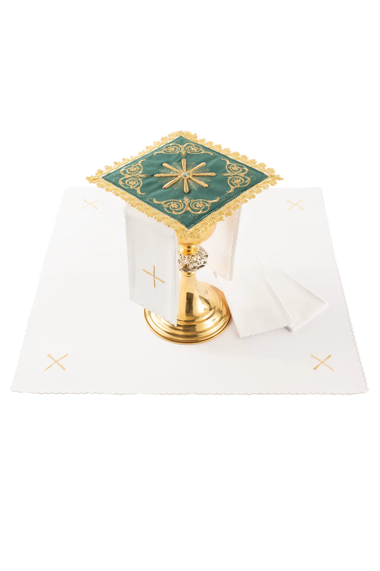 Embroidered chalice linens set green velvet