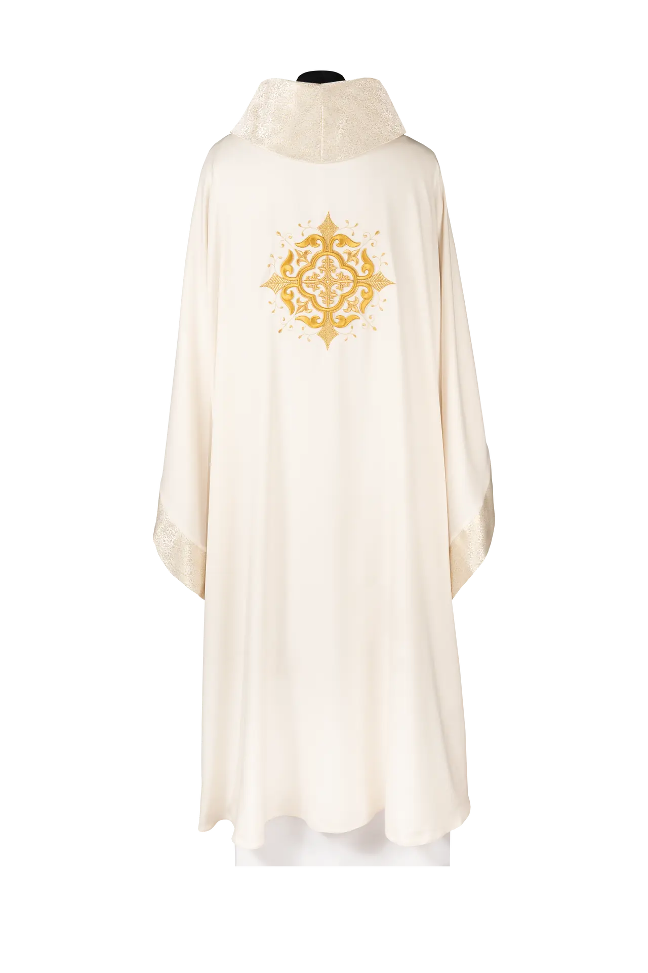 Liturgical chasuble with an embroidered cross motif and elaborate ecru trim