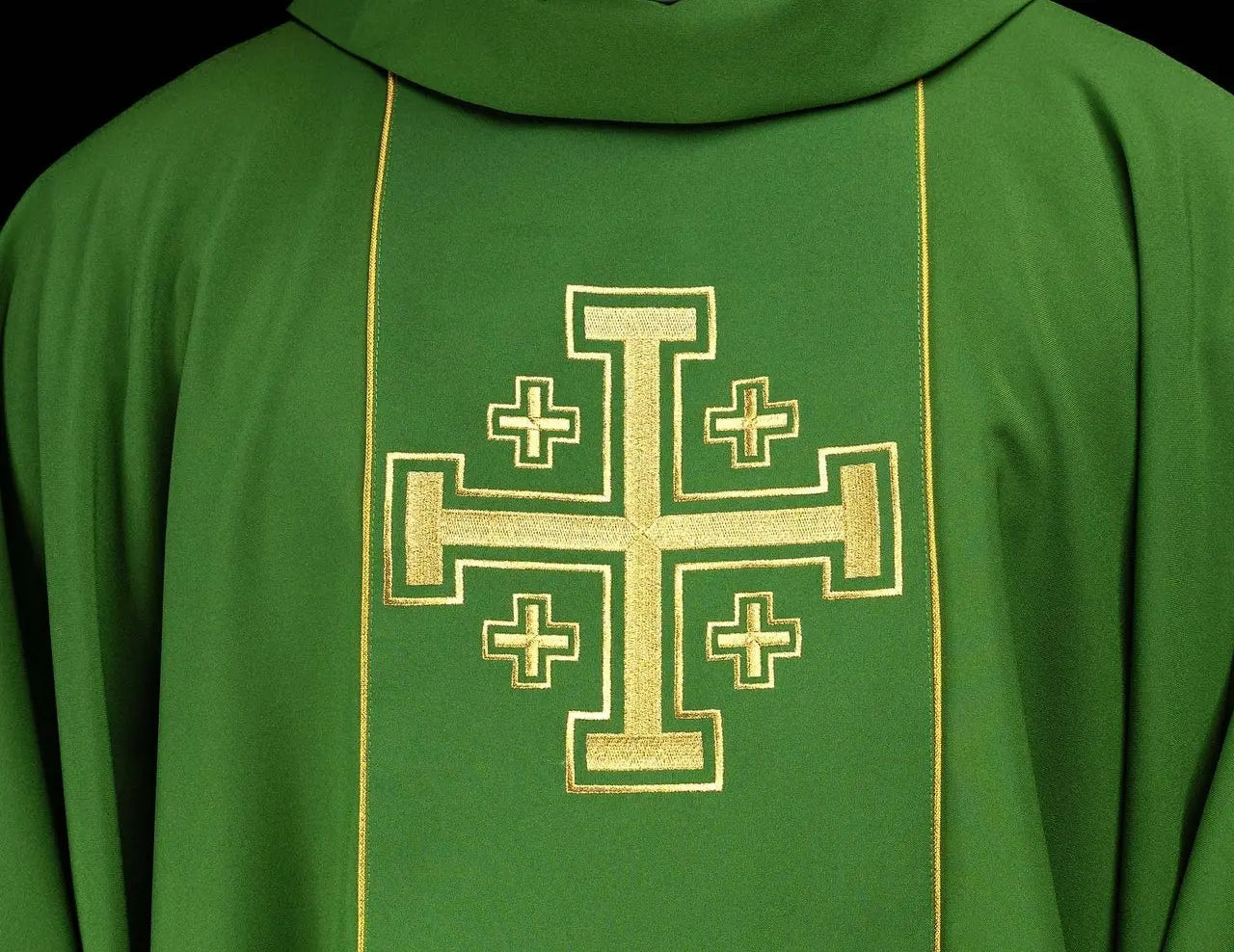 Green embroidered chasuble with band and Jerusalem crosses