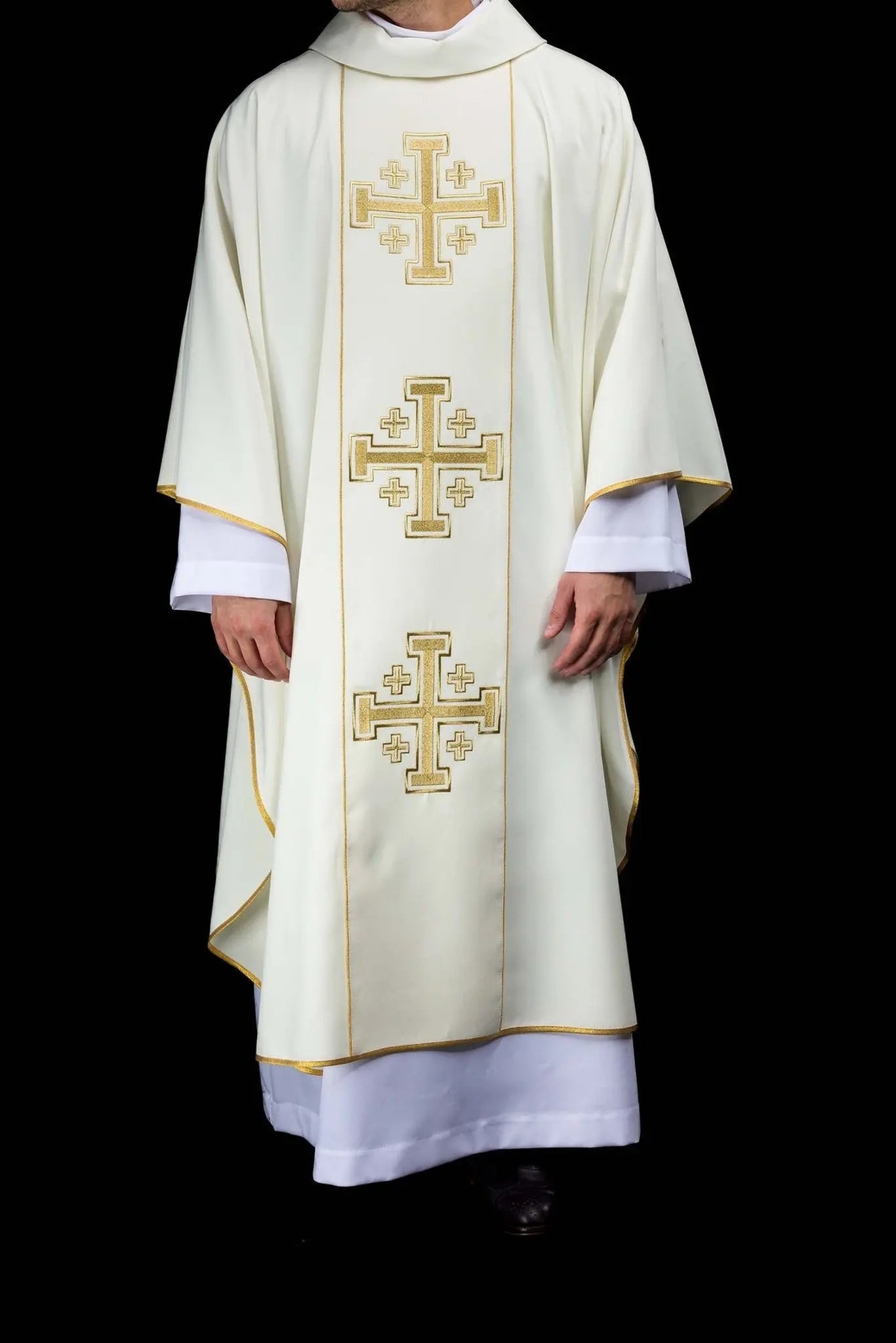 Ecru embroidered chasuble with band and Jerusalem crosses