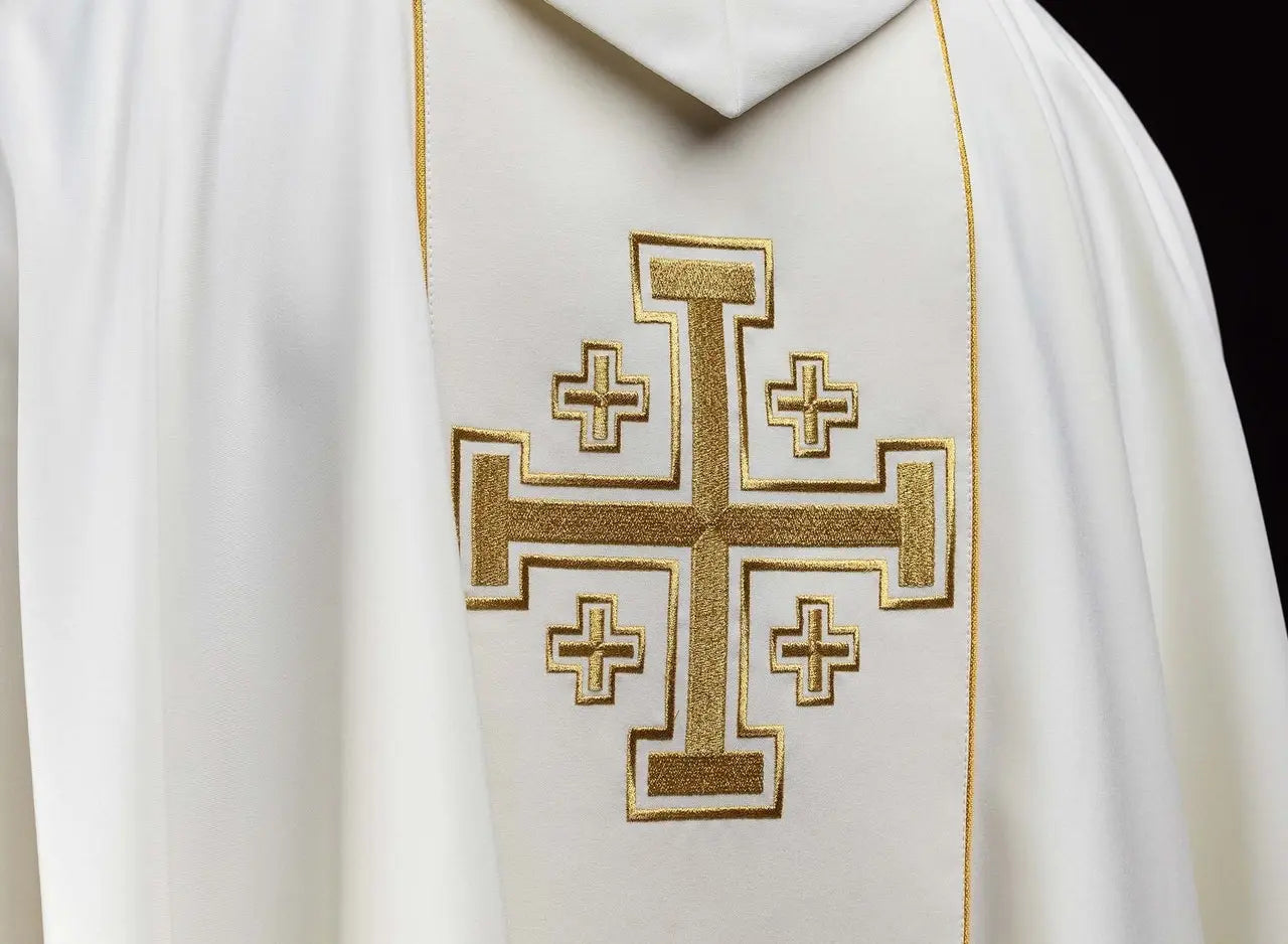 Ecru embroidered chasuble with band and Jerusalem crosses