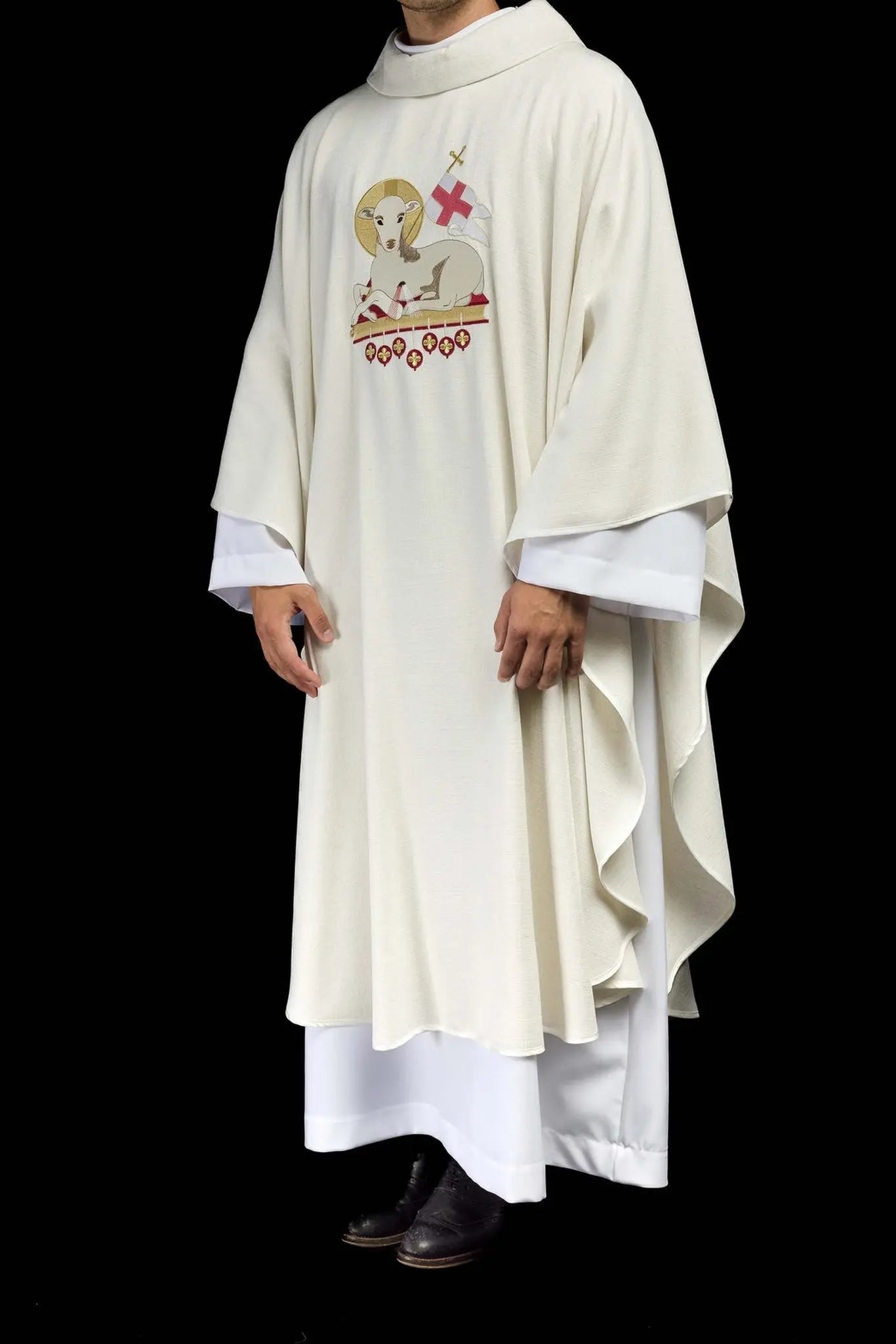 Easter chasuble sewn from natural fabric with an embroidered lamb