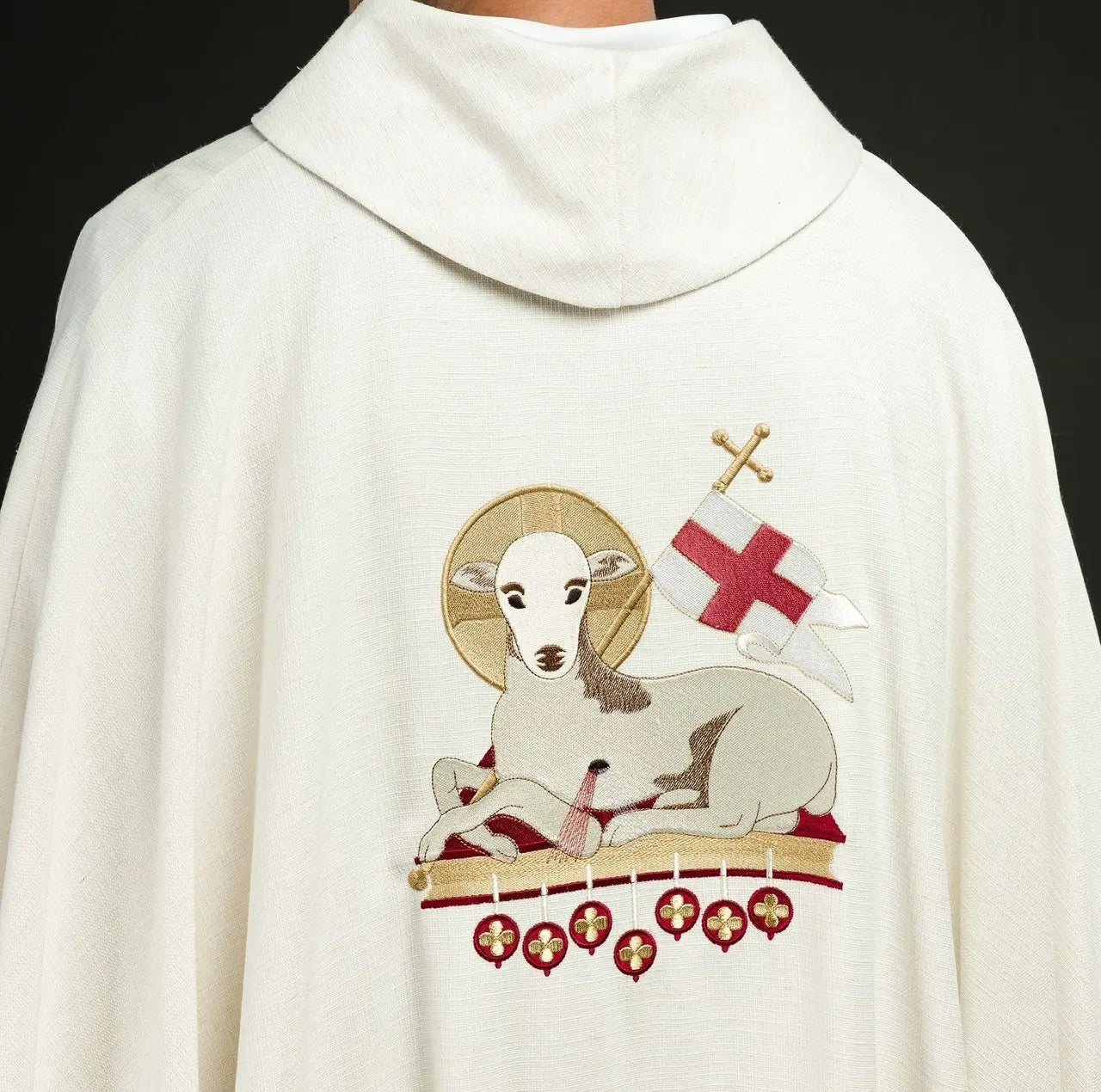 Easter chasuble sewn from natural fabric with an embroidered lamb