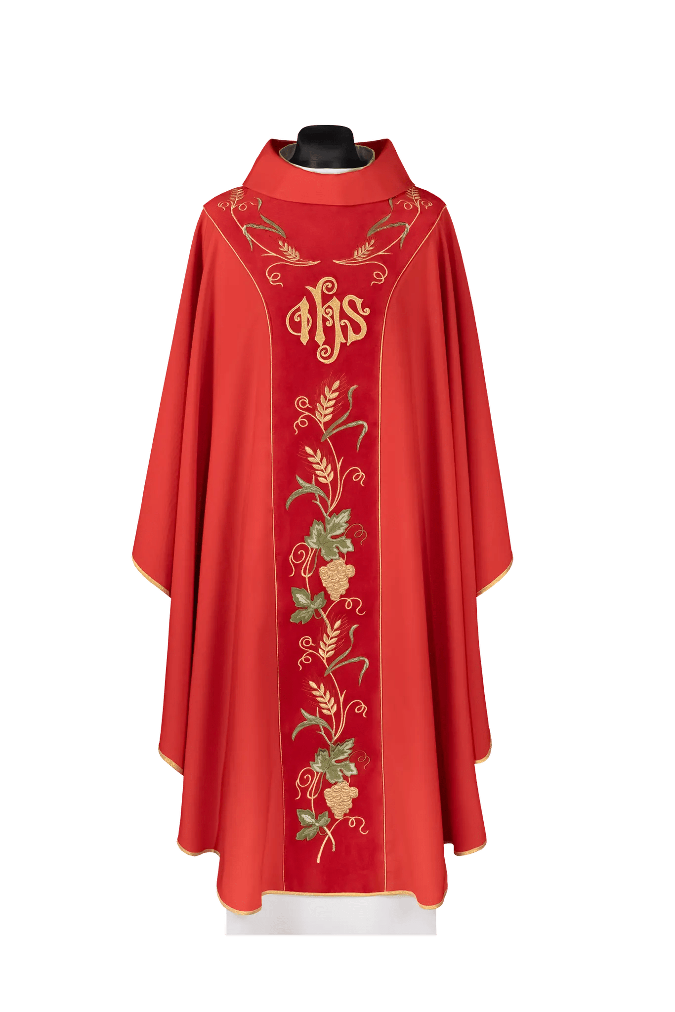 Chasuble avec une bande rouge en velours et broderie IHS