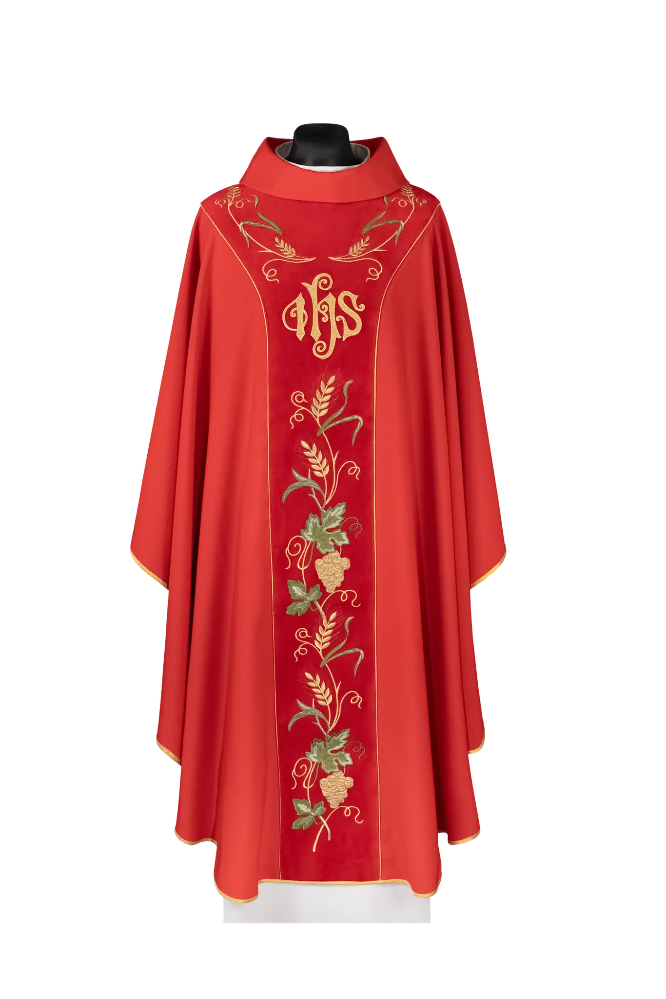 Chasuble with a velvet red band and IHS embroidery