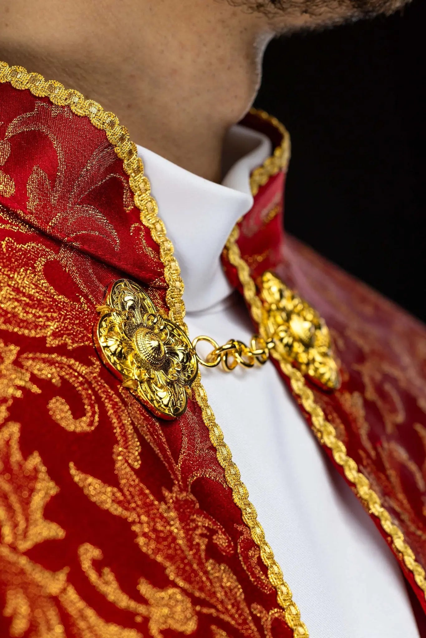 Red Liturgical Cope with Gold Jacquard Ornament