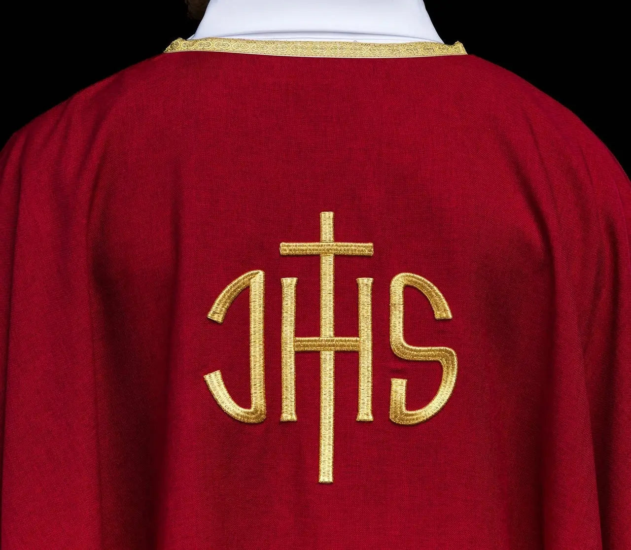 Red Liturgical Chasuble with Gold IHS Embroidery