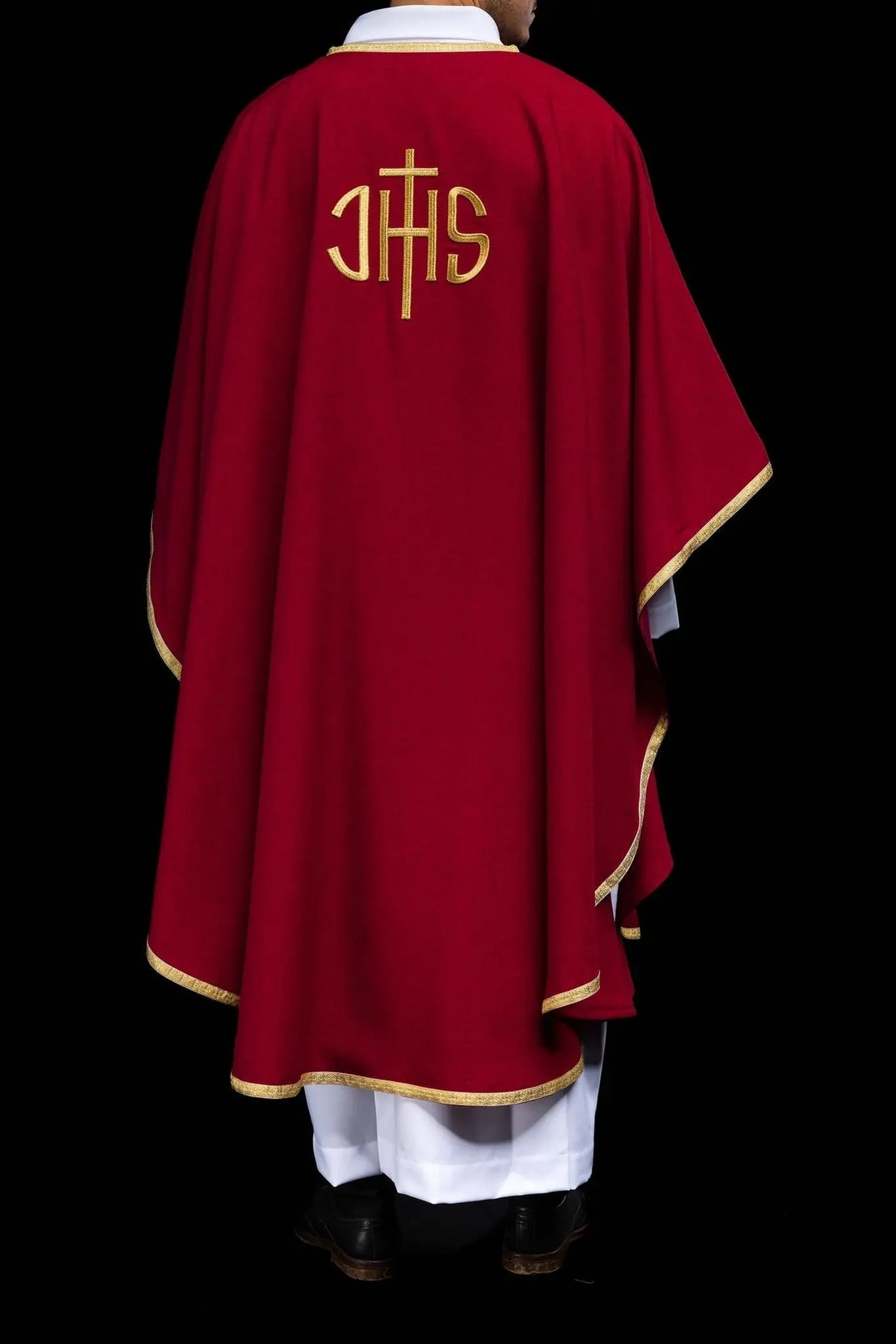 Red Liturgical Chasuble with Gold IHS Embroidery