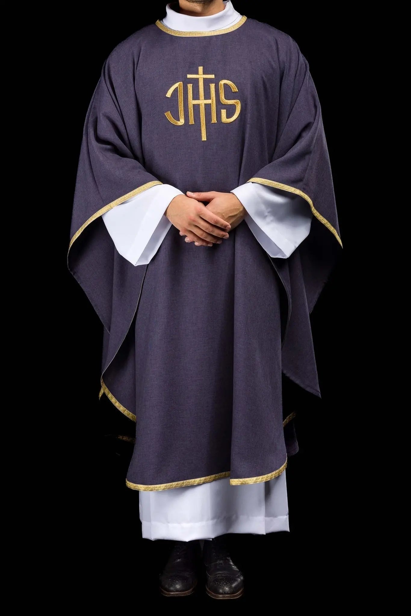 Purple liturgical chasuble with gold IHS embroidery