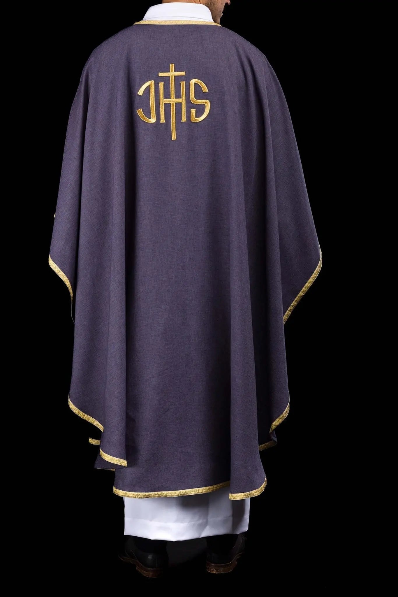 Purple liturgical chasuble with gold IHS embroidery