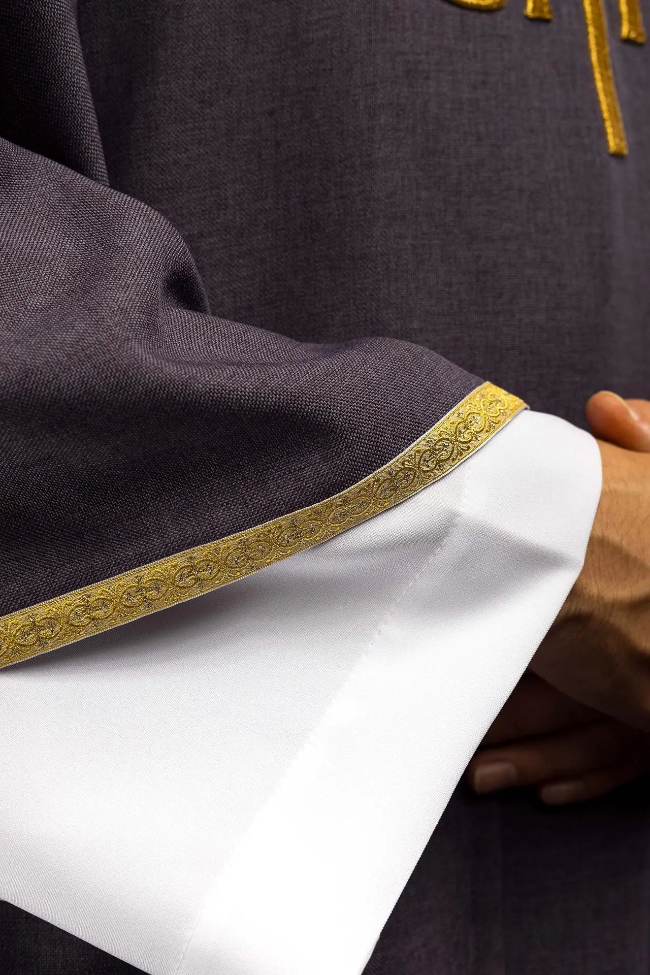 Purple liturgical chasuble with gold IHS embroidery